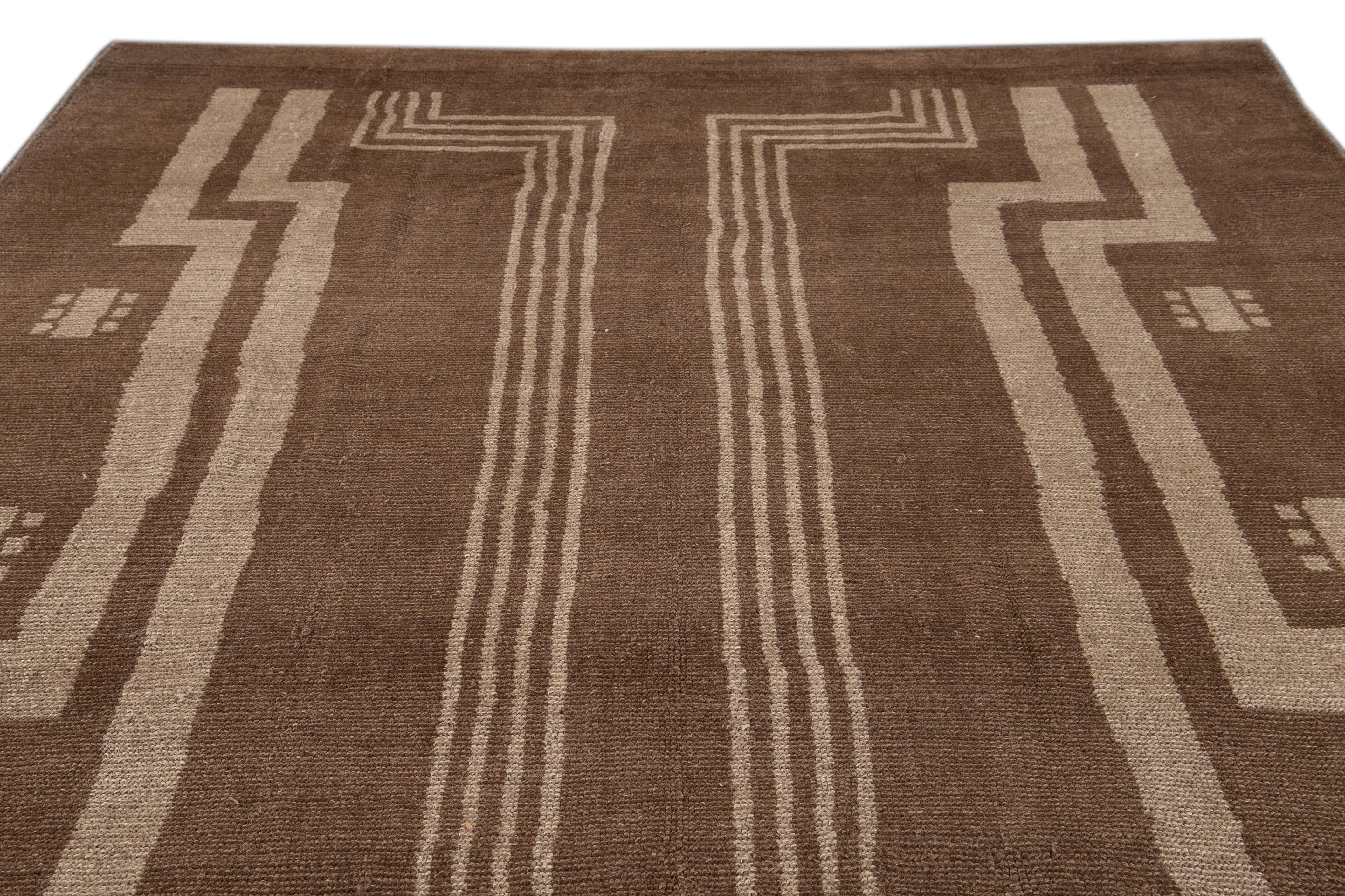 Modern Deco Style Handmade Geometric Brown and Beige Wool Rug In New Condition For Sale In Norwalk, CT