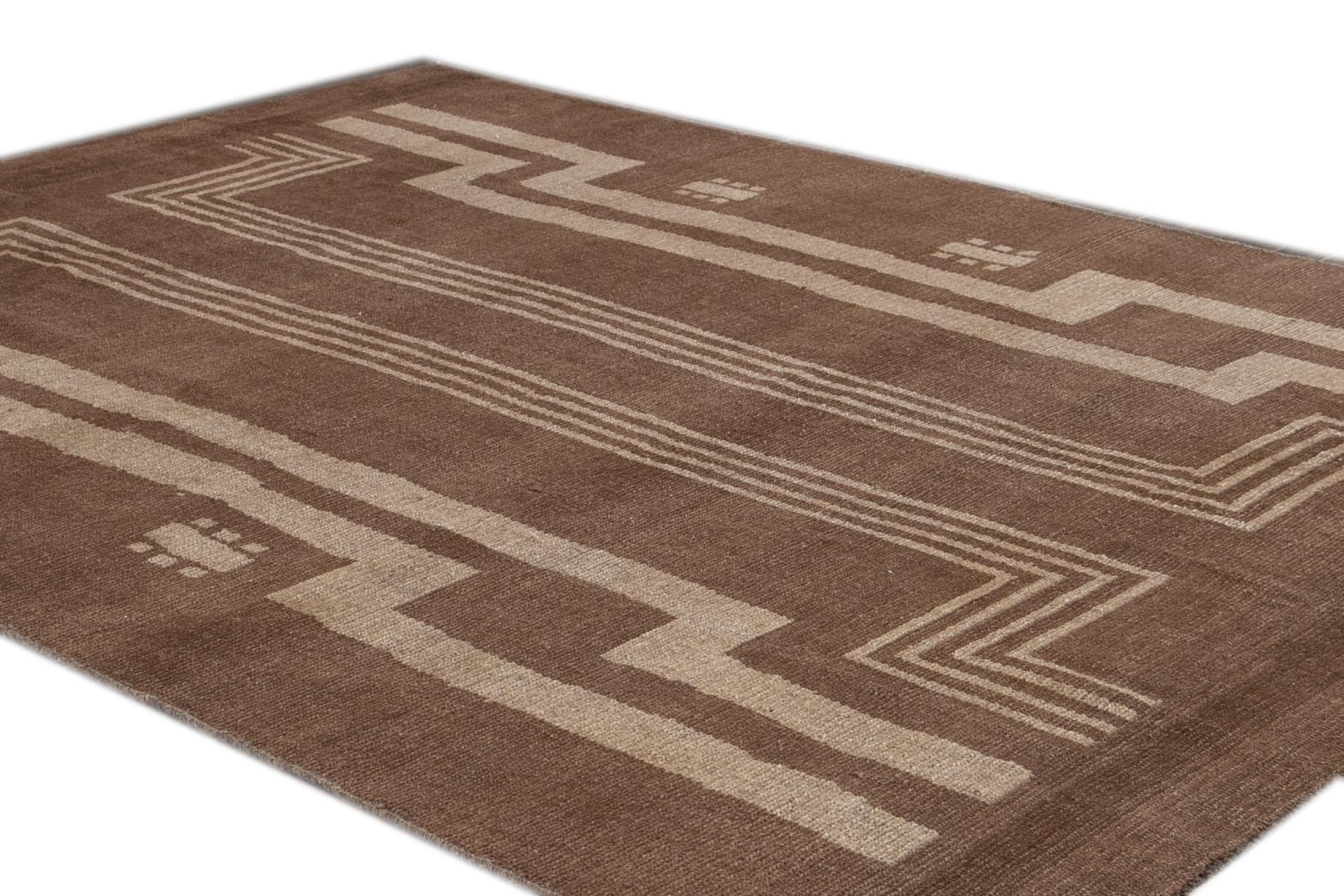 Contemporary Modern Deco Style Handmade Geometric Brown and Beige Wool Rug For Sale