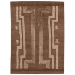 Modern Deco Style Handmade Geometric Brown and Beige Wool Rug