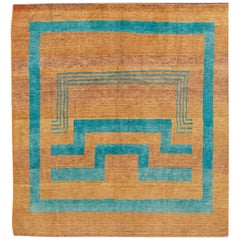 Modern Deco Style Handmade Geometric Goldenrod and Teal Wool Rug
