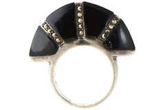 Modern Deco Style Onyx Marcasite Sterling Silver Ring