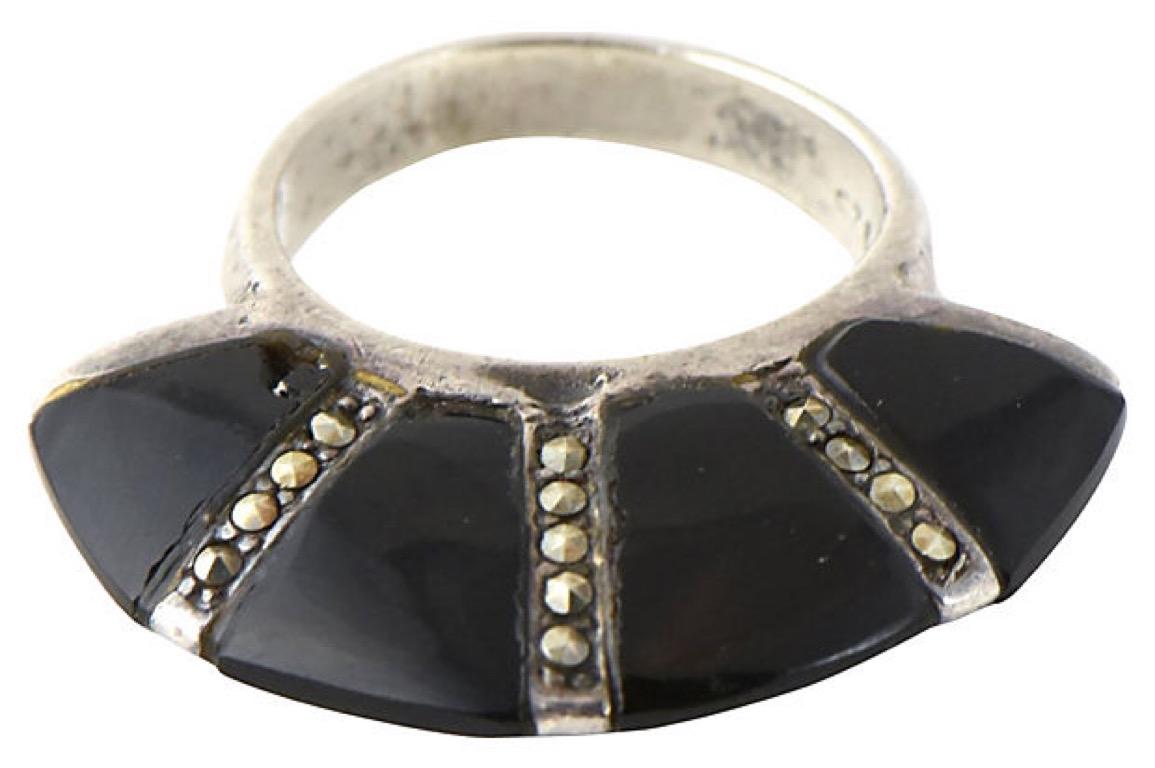 Art Deco Modern Deco Style Onyx Marcasite Sterling Silver Ring For Sale