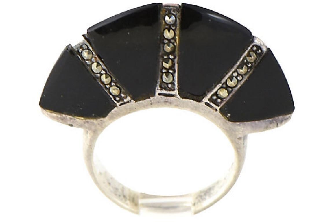 Round Cut Modern Deco Style Onyx Marcasite Sterling Silver Ring For Sale
