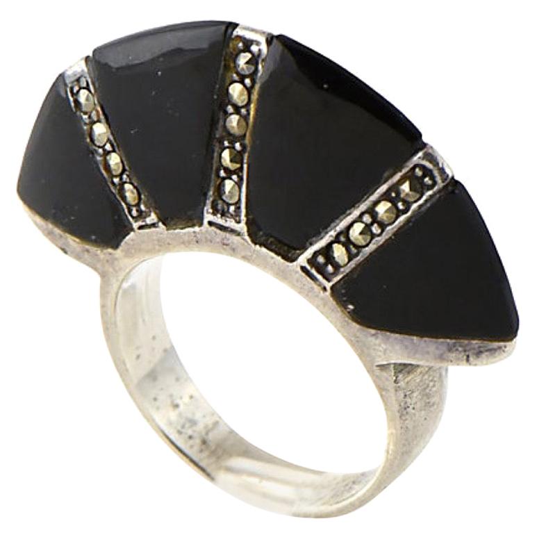 Modern Deco Style Onyx Marcasite Sterling Silver Ring For Sale