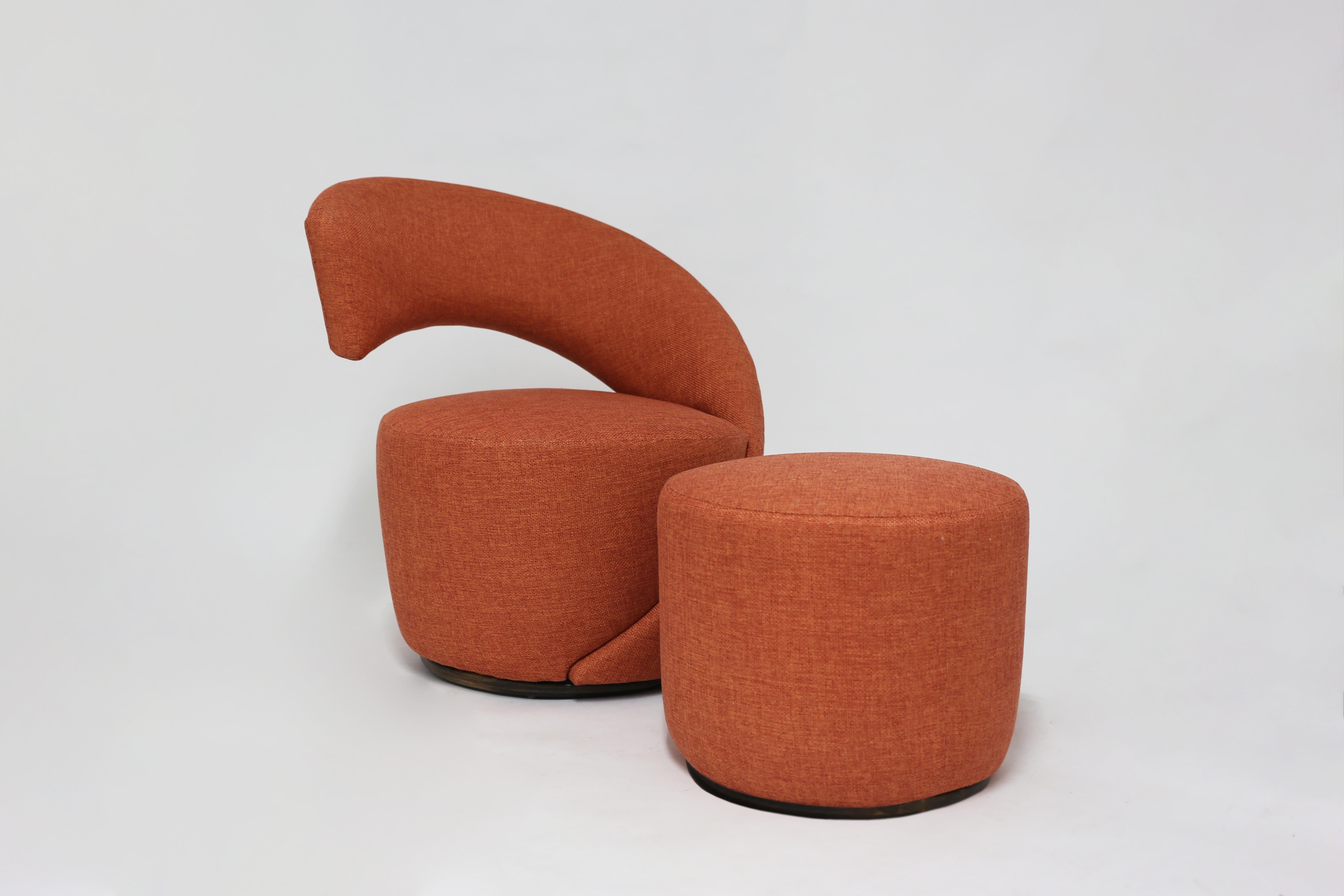 Hand-Carved Modern Decorative Curved Club Chair and Ottoman Covered in Melon Fabric For Sale