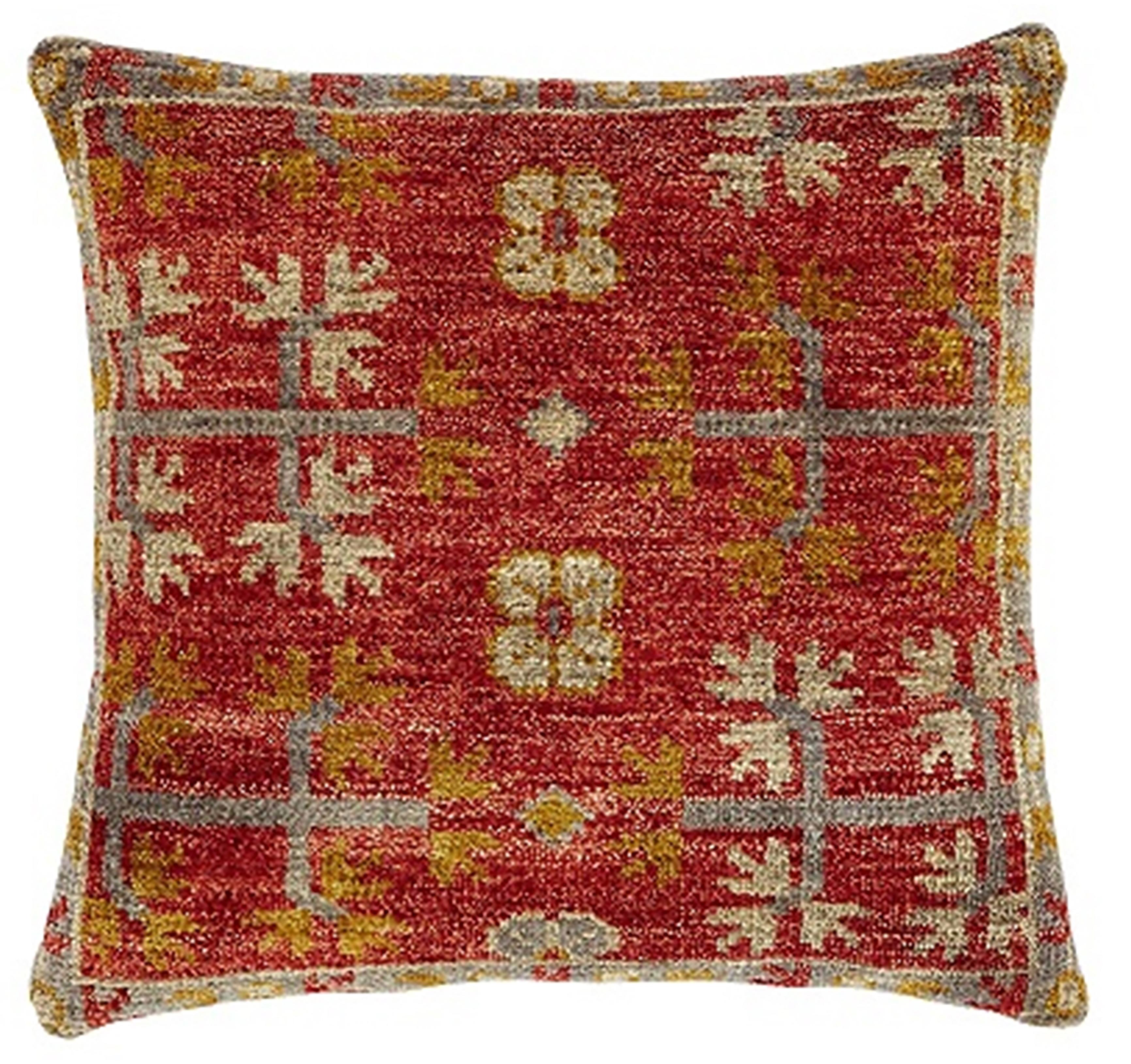 This new accent pillow of East-meets-West design aesthetic showcases a Tibetan design with predominant pimento color.

Hand made, using either 100% premium wool.

This pillow measure: 22