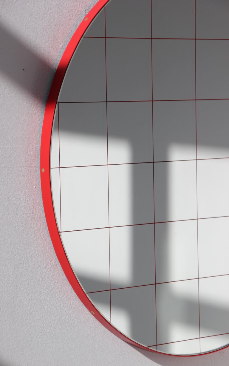 Orbis Red Grid Decorative Circular Mirror with Red Frame Small For
