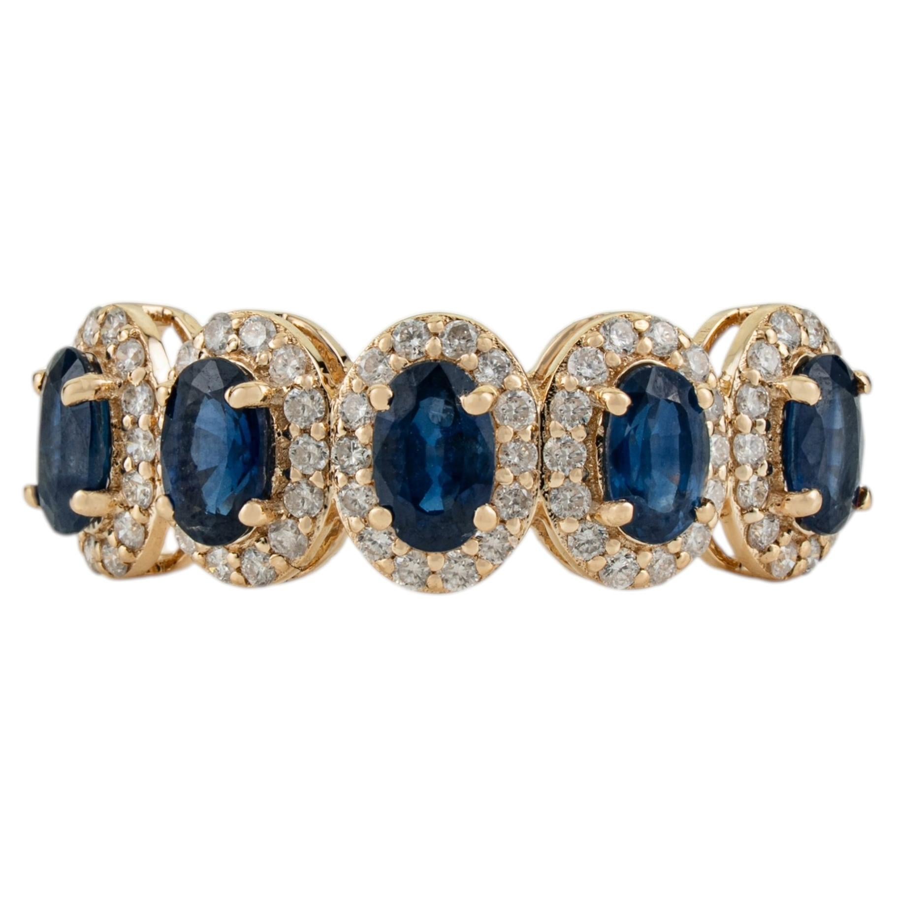 Modern Deep Blue Sapphire & Diamond Halo Half Eternity Ring in 14K Yellow Gold