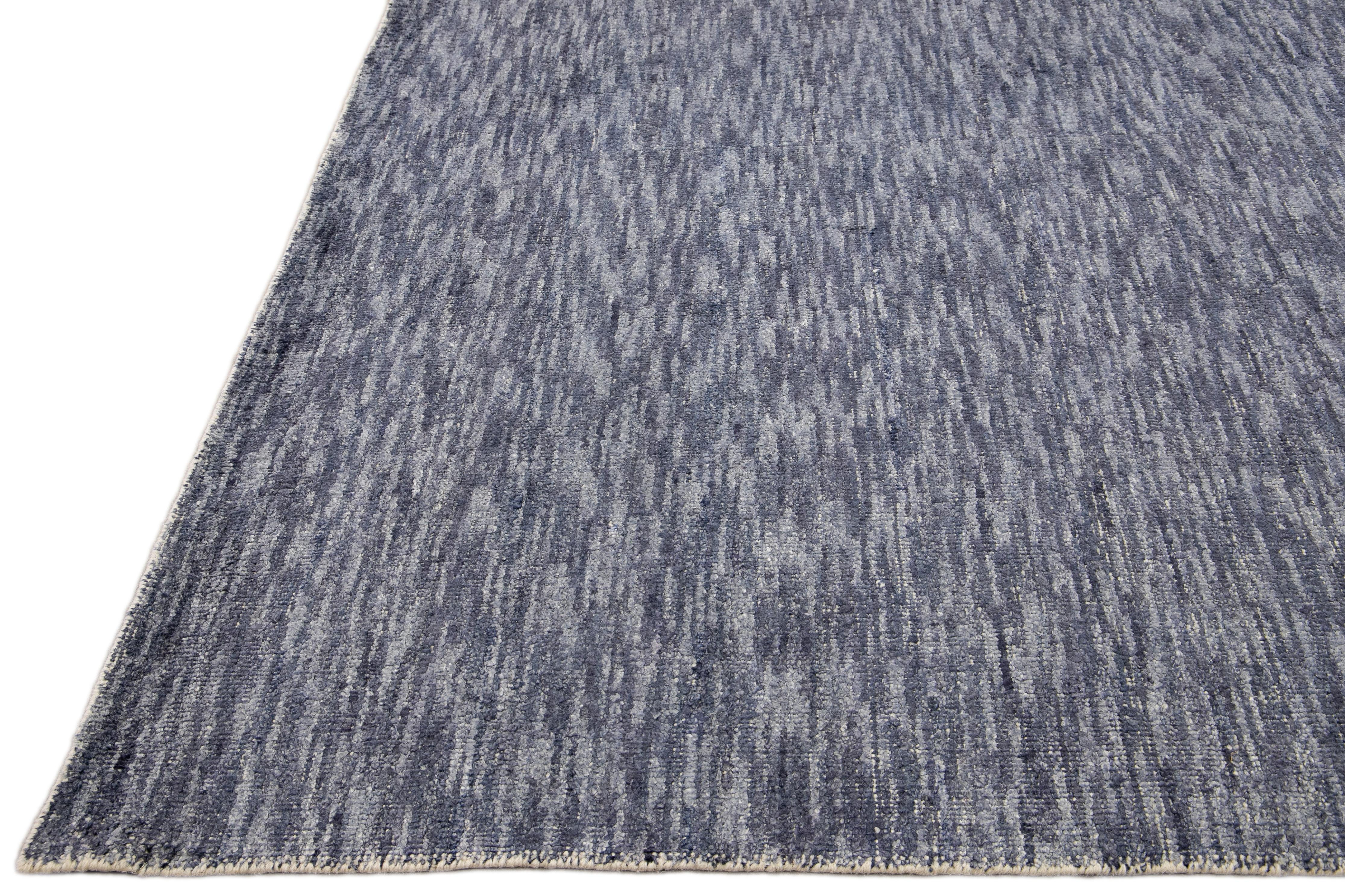 Hand-Knotted Modern Delino Handloom Abstract Solid Navy Blue Wool Rug For Sale