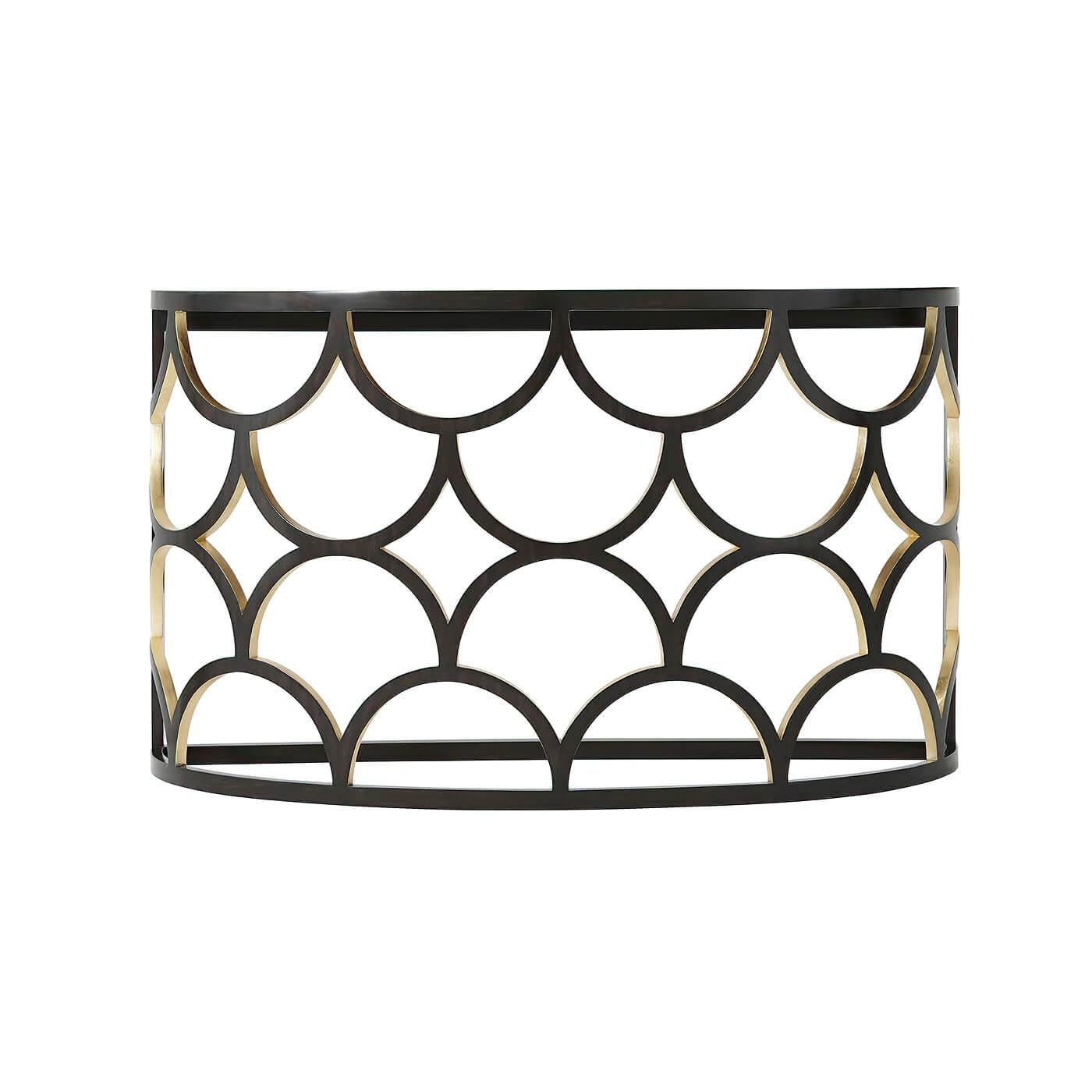 Modern demilune console with ebonized and hand gilt openwork trellis sides and a hand-leafed silver eglomise inset top.
Dimensions: 54
