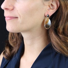 Modern Dendrite Agate Hematite 18 Karat Yellow Gold Earrings