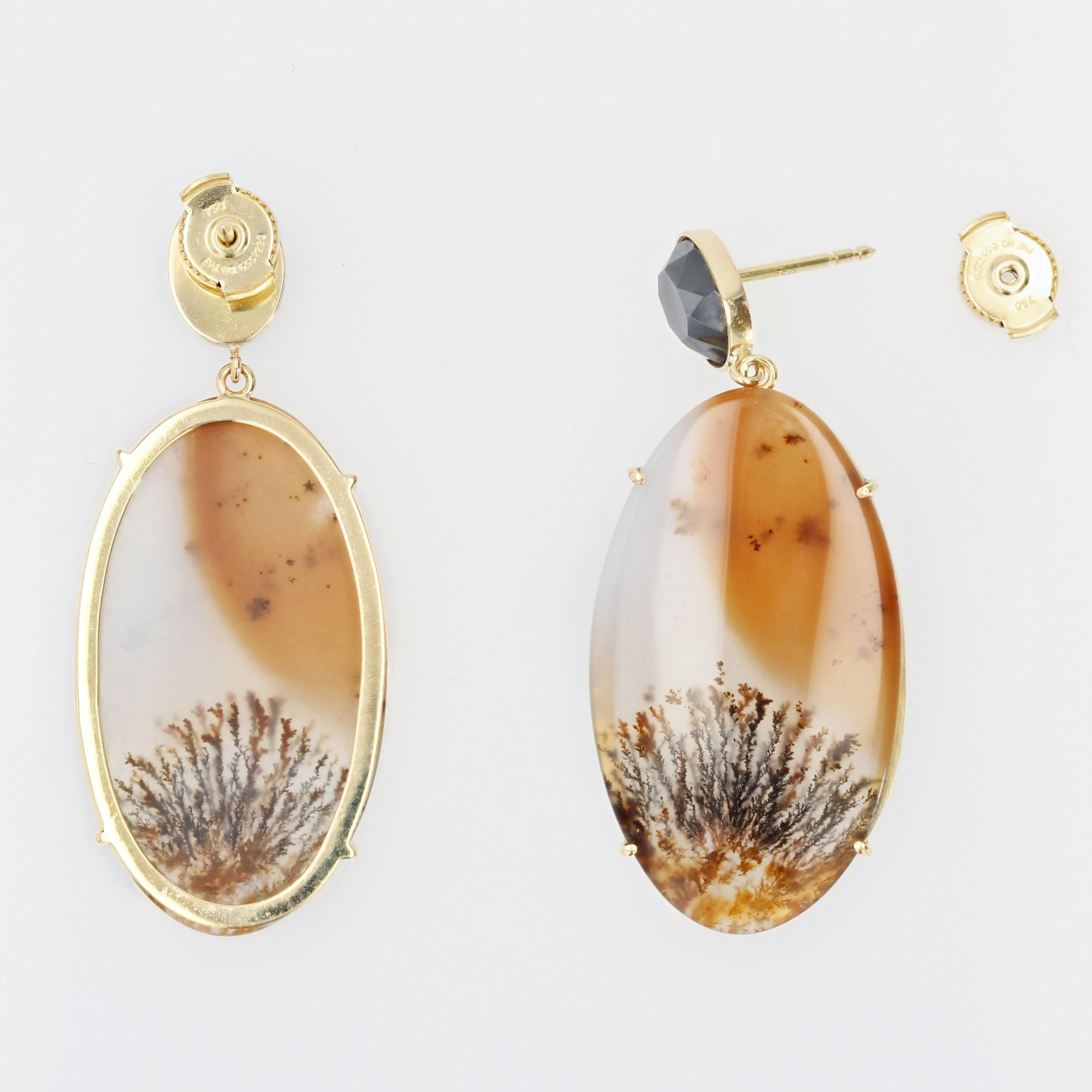 Modern Dendrite Agate Hematite 18 Karat Yellow Gold Earrings In New Condition For Sale In Poitiers, FR