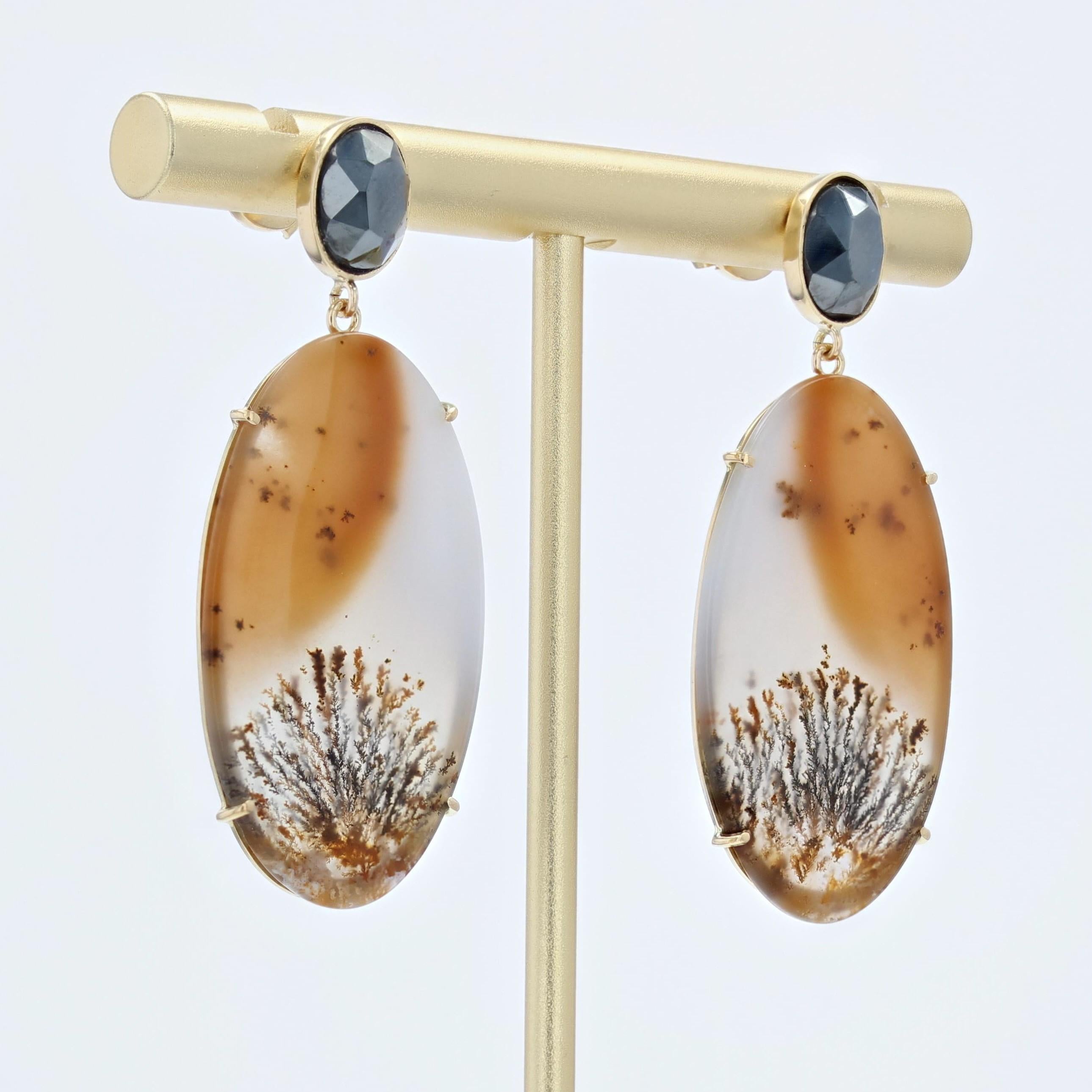 Women's Modern Dendrite Agate Hematite 18 Karat Yellow Gold Earrings For Sale
