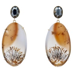 Antique Modern Dendrite Agate Hematite 18 Karat Yellow Gold Earrings