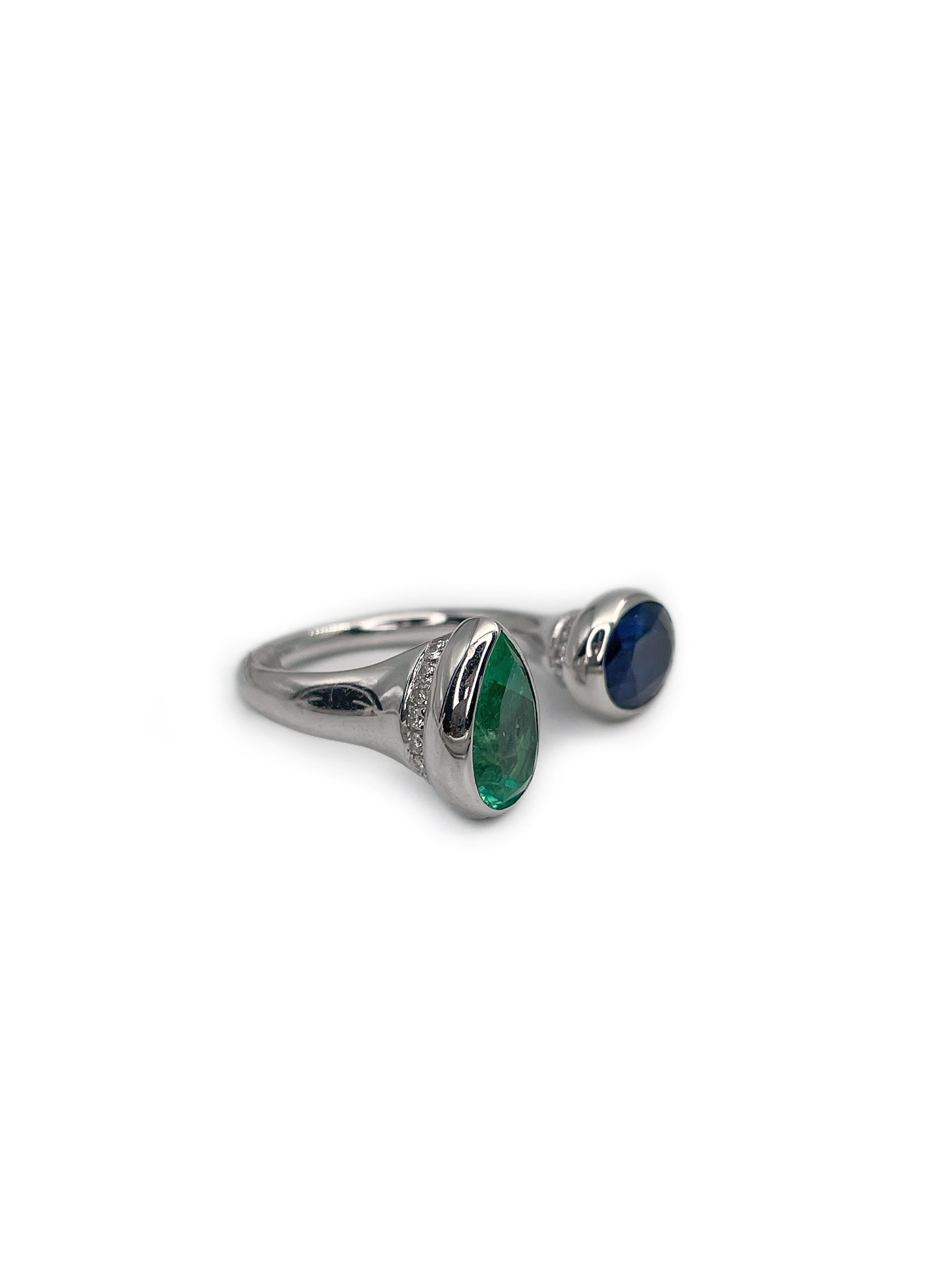 Women's or Men's Modern Design 14K Gold 1.5ct Emerald 2.2ct Sapphire Open Moi Et Toi Ring