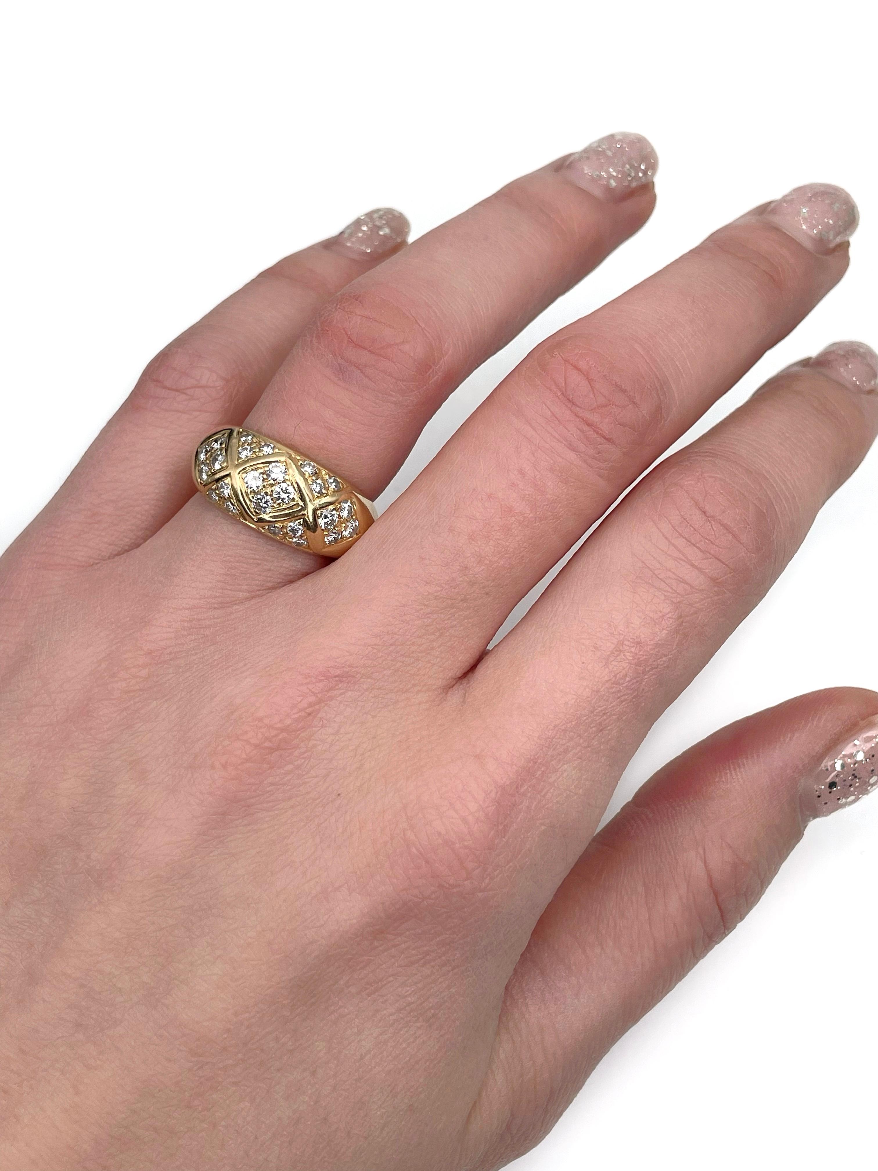 It is a modern design band ring crafted in 18K yellow gold. Circa 1980. The piece features 24 round brilliant cut diamonds: TW 0.65ct, RW-W, VS-SI. 

Weight: 9.03g 
Size: 16.5 (US 6)

IMPORTANT: please ask about the possibility to resize before