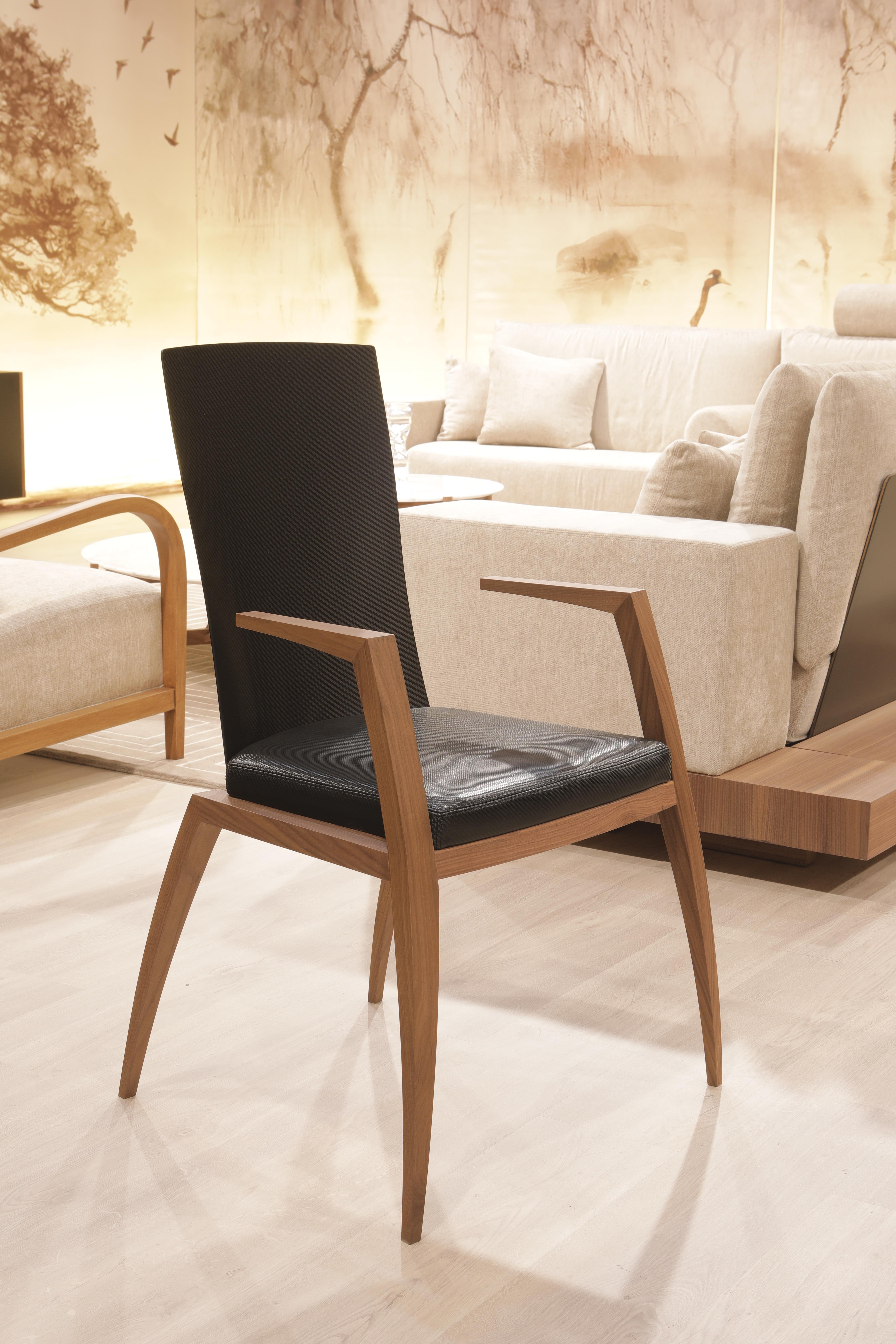 Modern Design Chair with Armrests, Made in Canaletto Walnut and Carbon Fiber For Sale 2