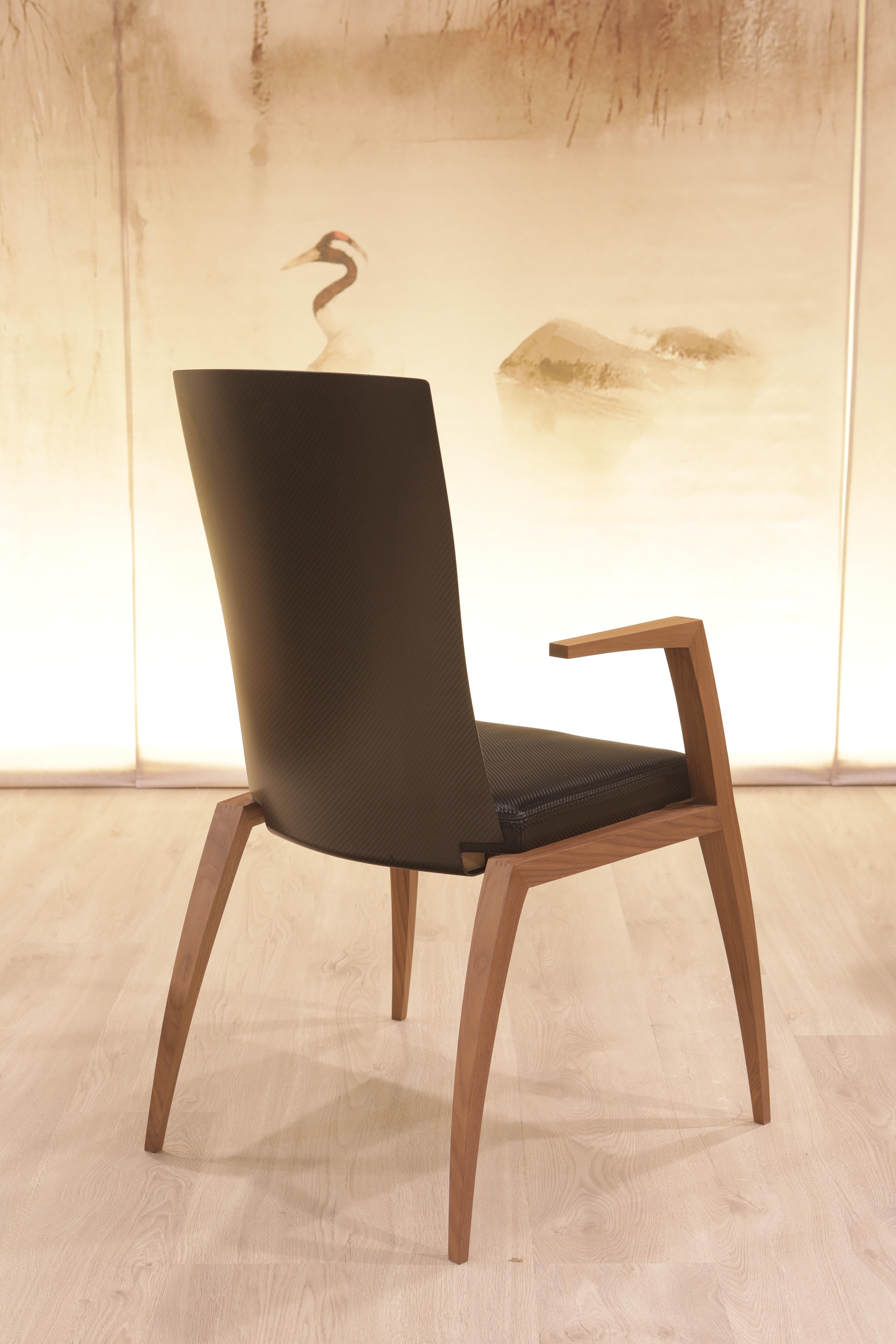 Modern Design Chair with Armrests, Made in Canaletto Walnut and Carbon Fiber For Sale 3