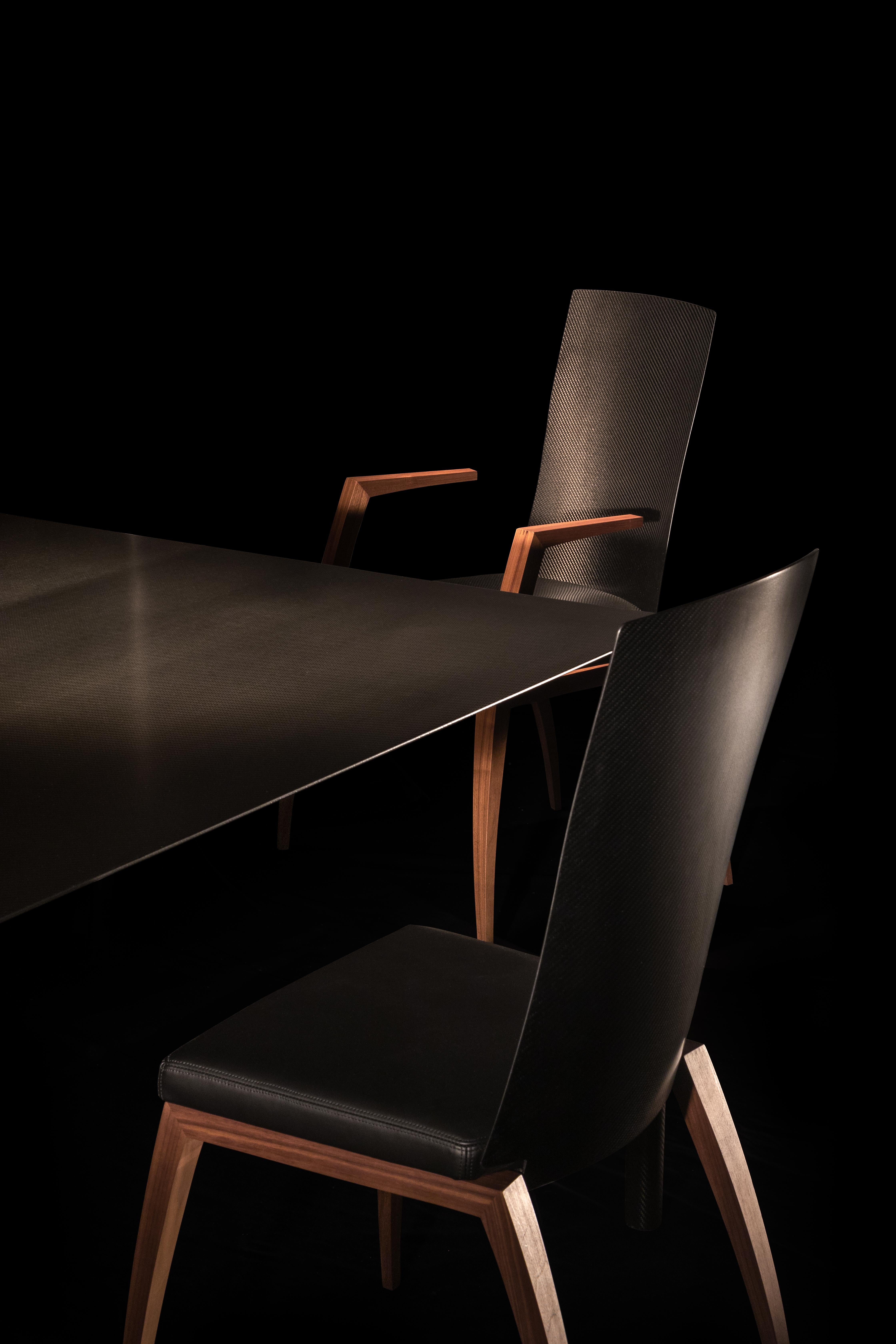 Modern Design Chair with Armrests, Made in Canaletto Walnut and Carbon Fiber For Sale 5