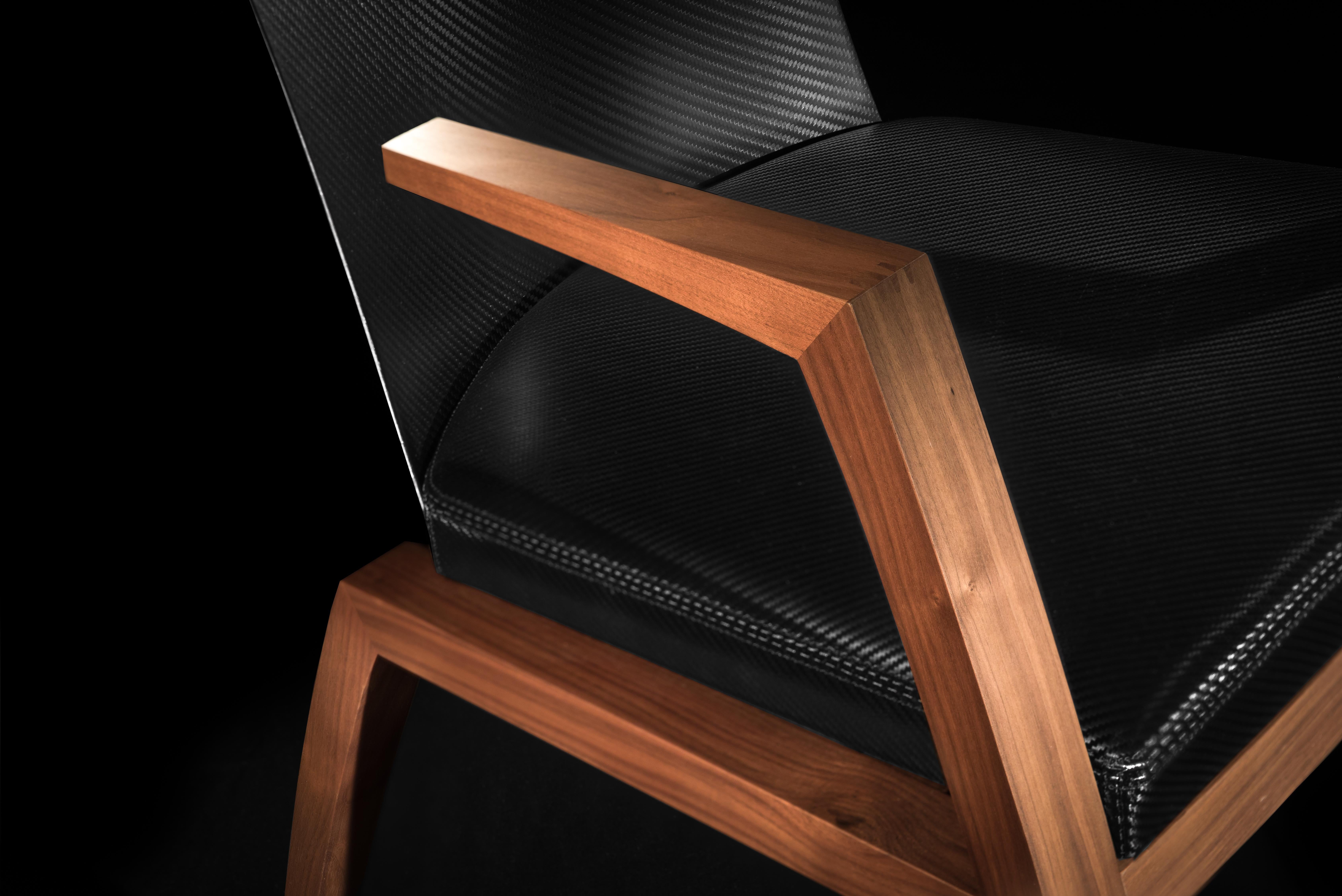 Modern Design Chair with Armrests, Made in Canaletto Walnut and Carbon Fiber For Sale 6