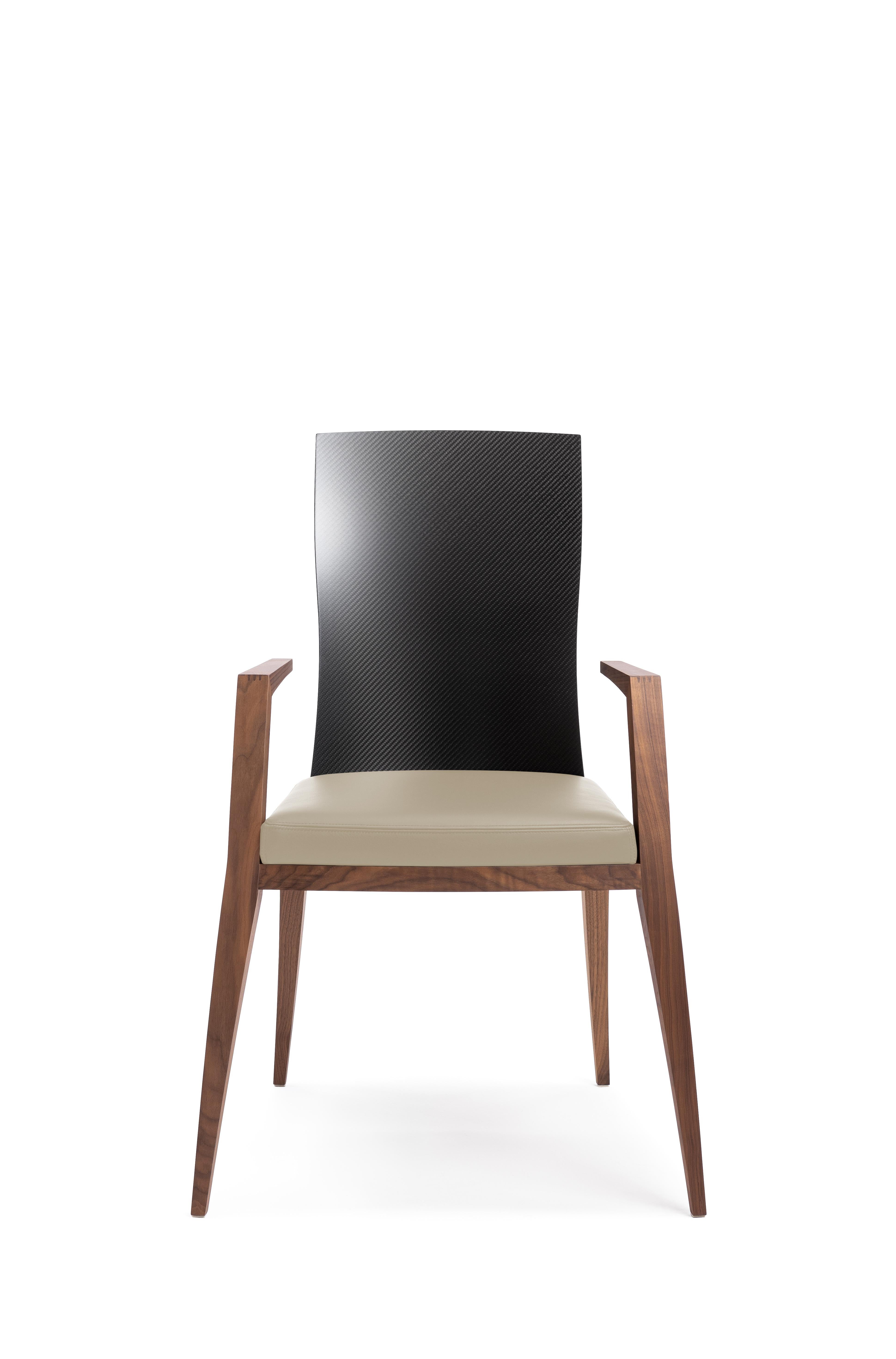 Italian Modern Design Chair with Armrests, Made in Canaletto Walnut and Carbon Fiber For Sale