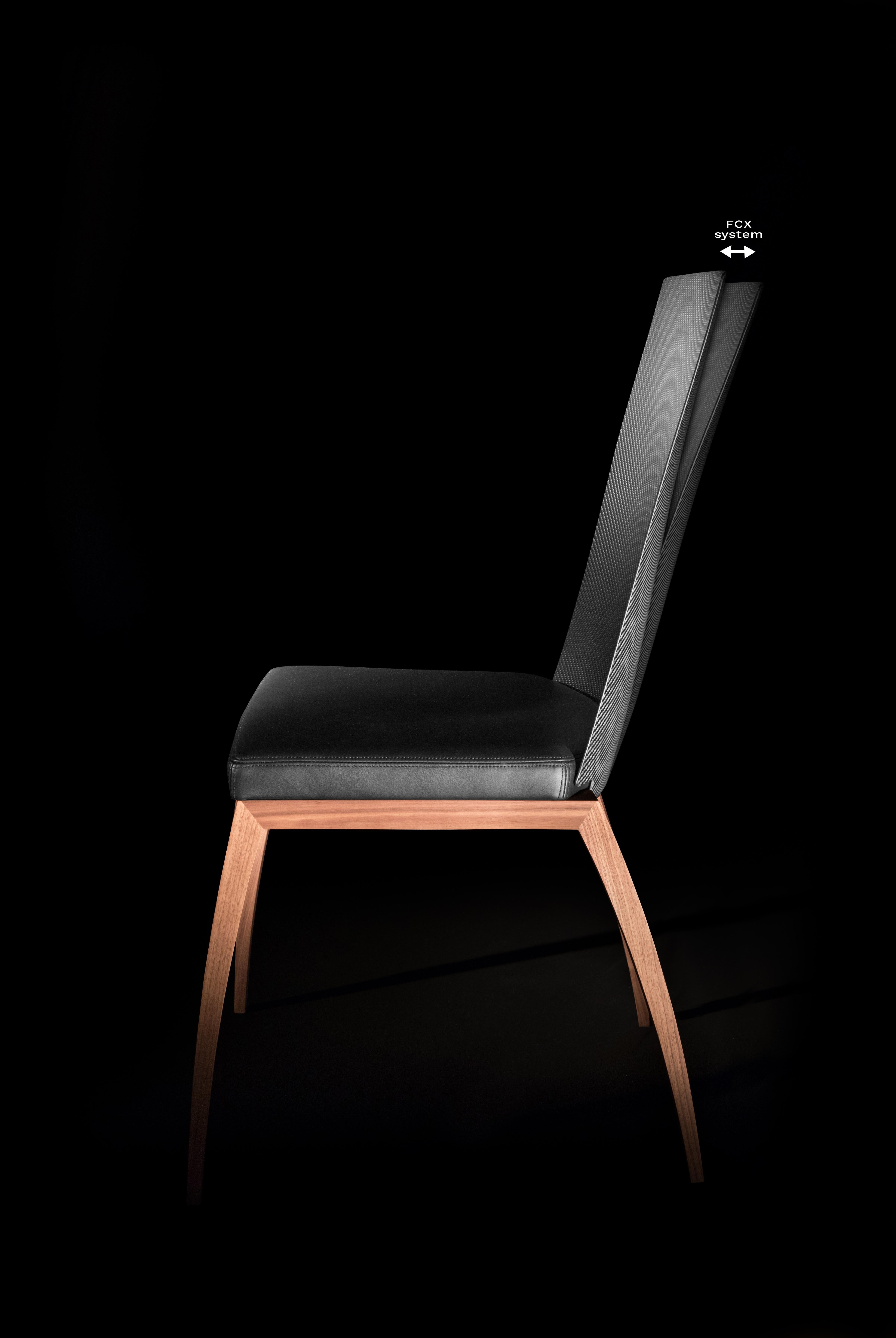 Laminated Modern Design Chair with Armrests, Made in Canaletto Walnut and Carbon Fiber For Sale