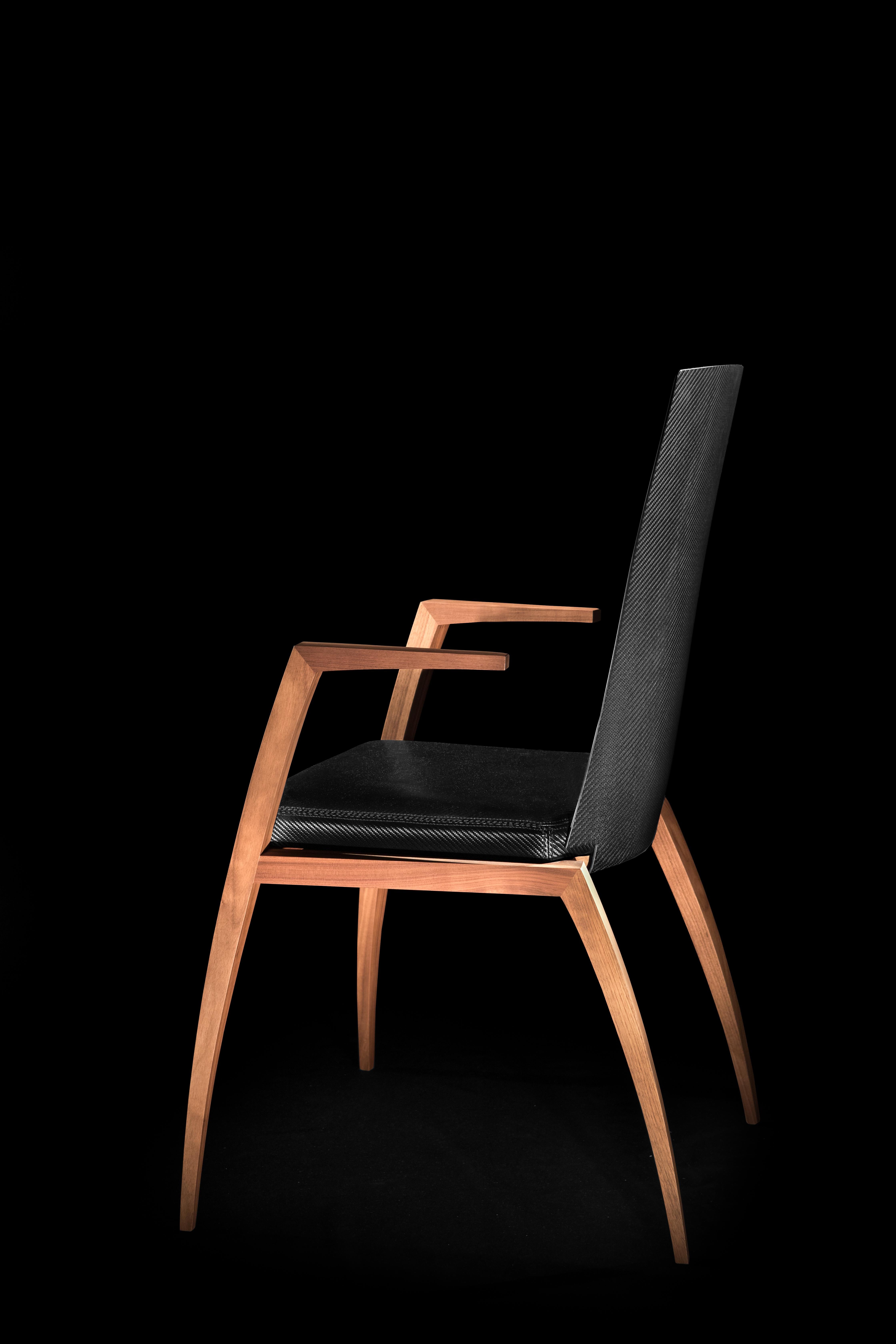 Contemporary Modern Design Chair with Armrests, Made in Canaletto Walnut and Carbon Fiber For Sale