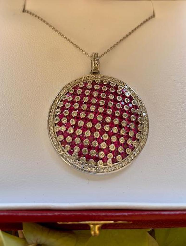 Women's Modern Design Effy 4.20 Carat Ruby and Diamond Checkerboard Pendant on Chain