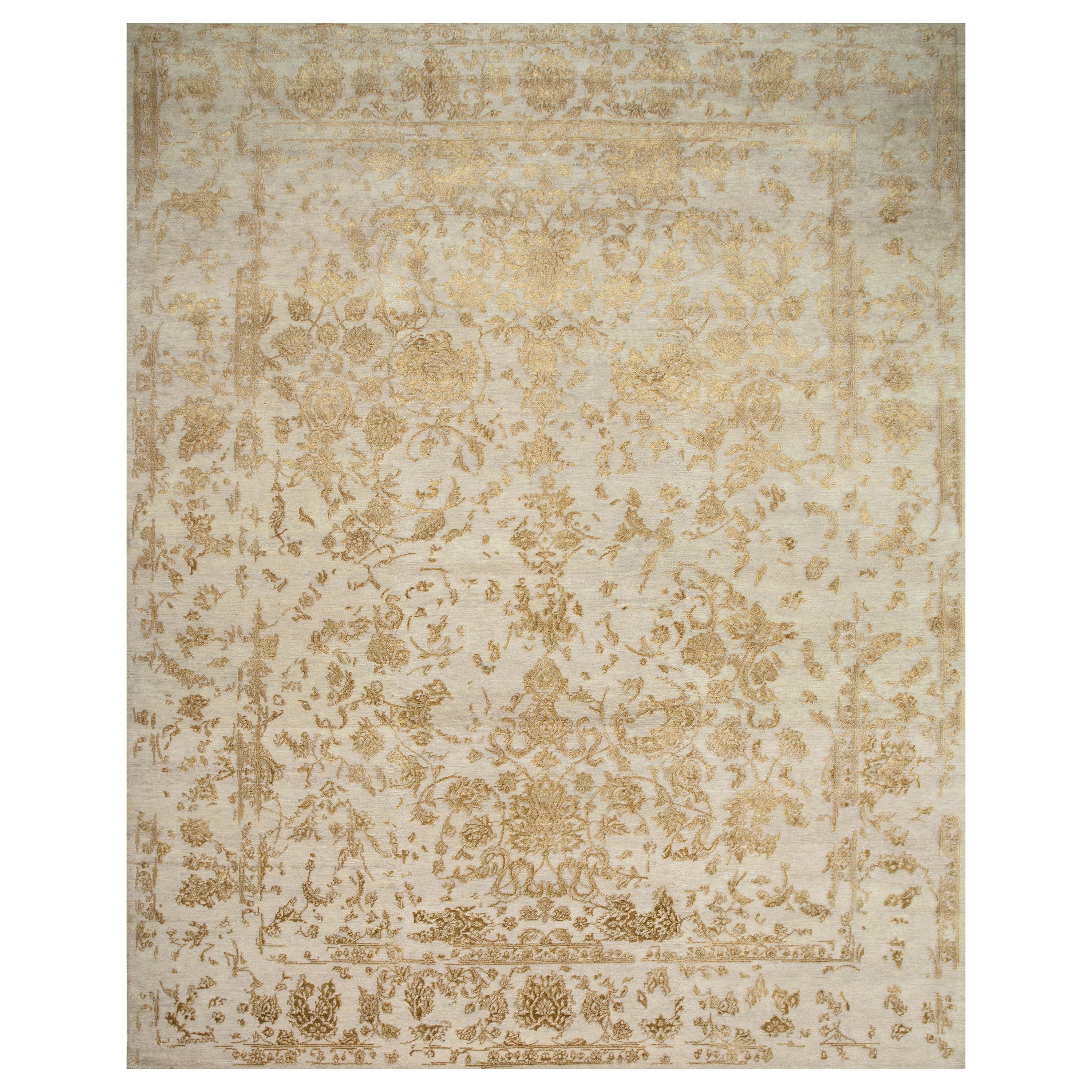 Tapis moderne de conception fine noué à la main beige et or en vente