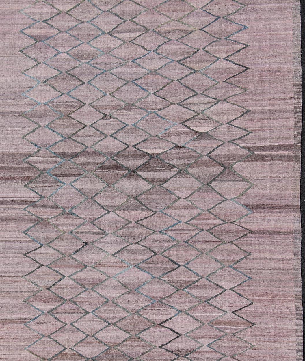 Hand-Knotted Minimalist Modern Flat-Weave Kilim Rug in Diamond Design  For Sale