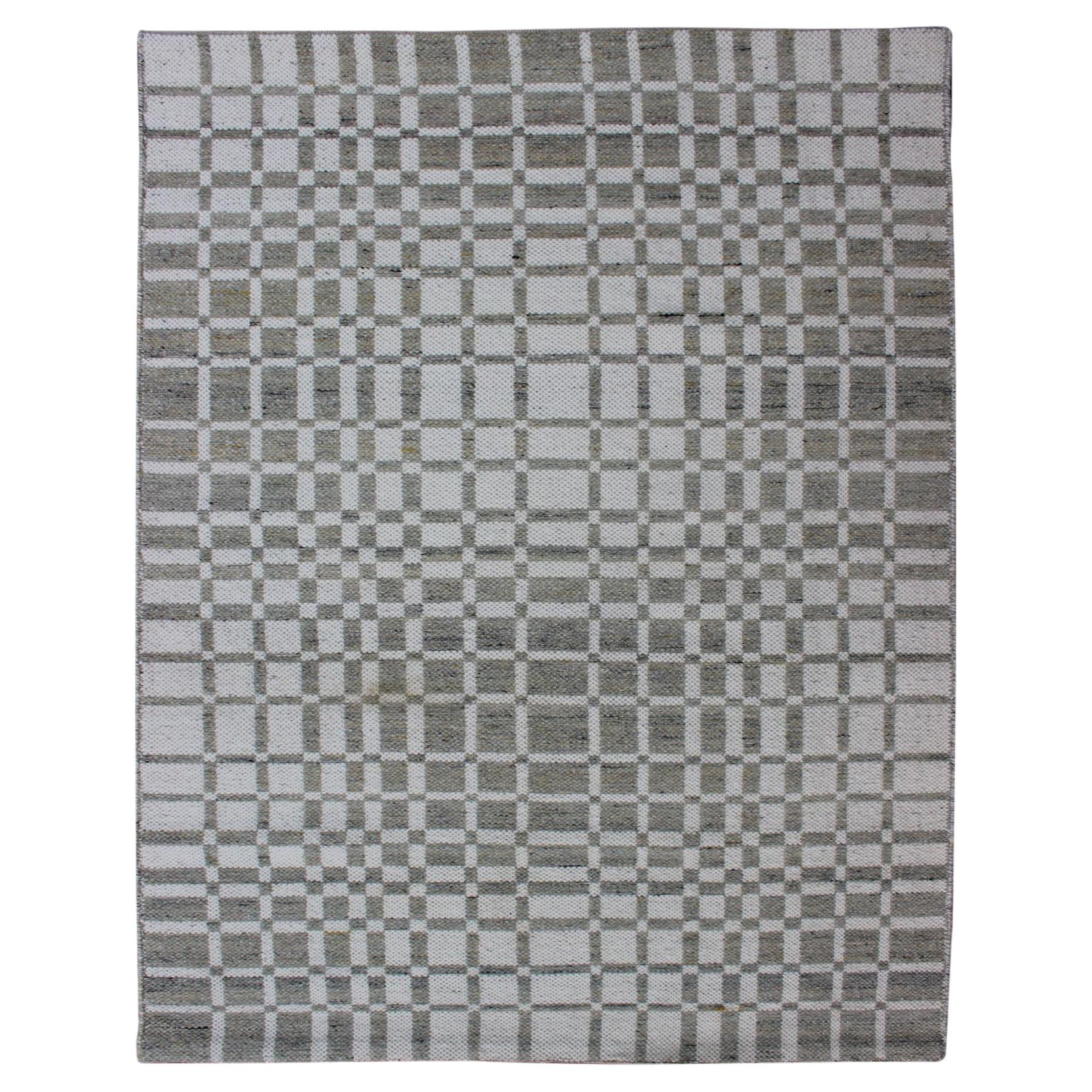 Modern Design Flatweave Rug with Modern pattern in Cream and Green-Gray