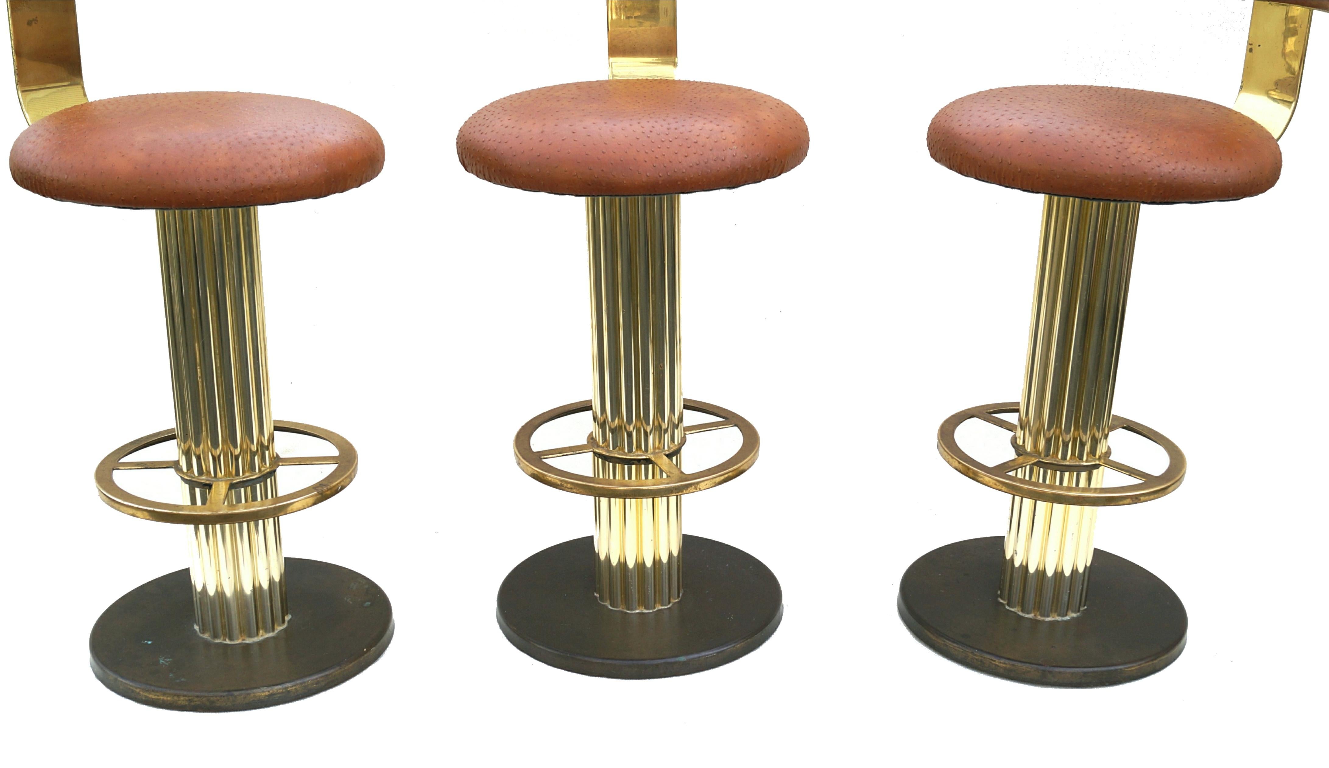 American Modern Design For Leisure Ostrich Brass Bar Stools Set of 3 Barstool For Sale