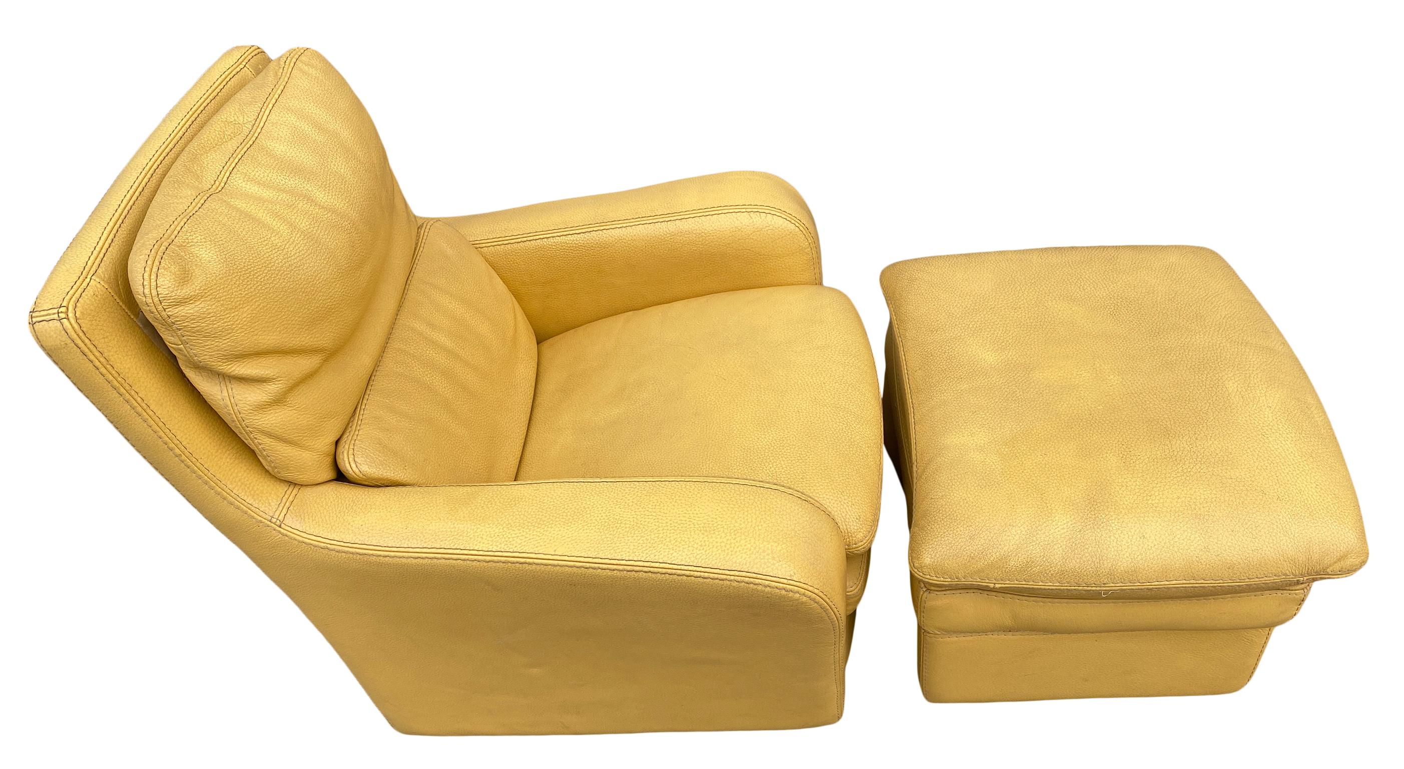 Modern Italian yellow leather lounge chair by Roche Bobois with ottoman. Great lounge chair and ottoman with rare yellow leather. This Lounge is all original vintage condition with lots of beautiful Patina use wear to the leather cushions as seen in