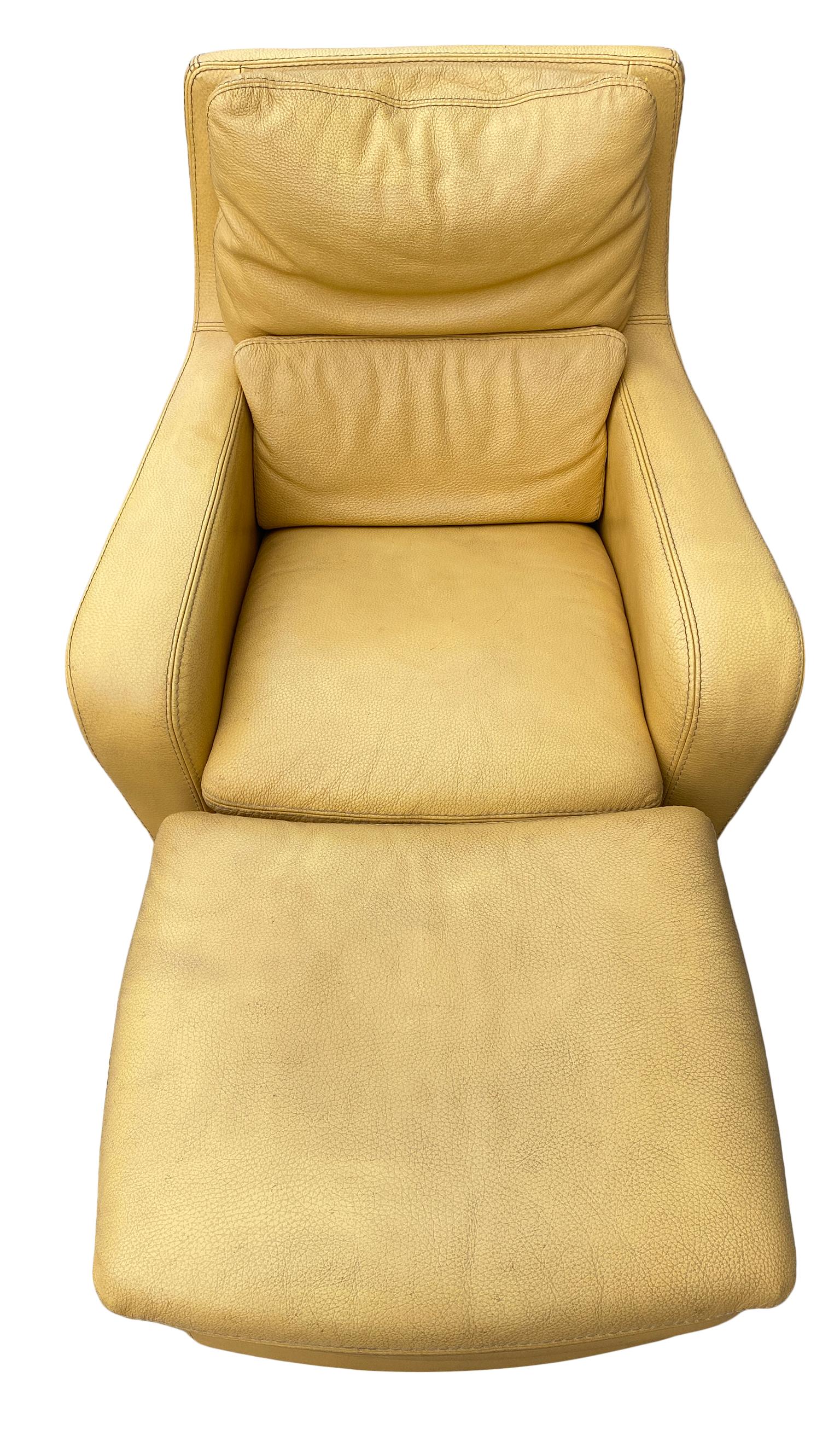 yellow leather chair with ottoman