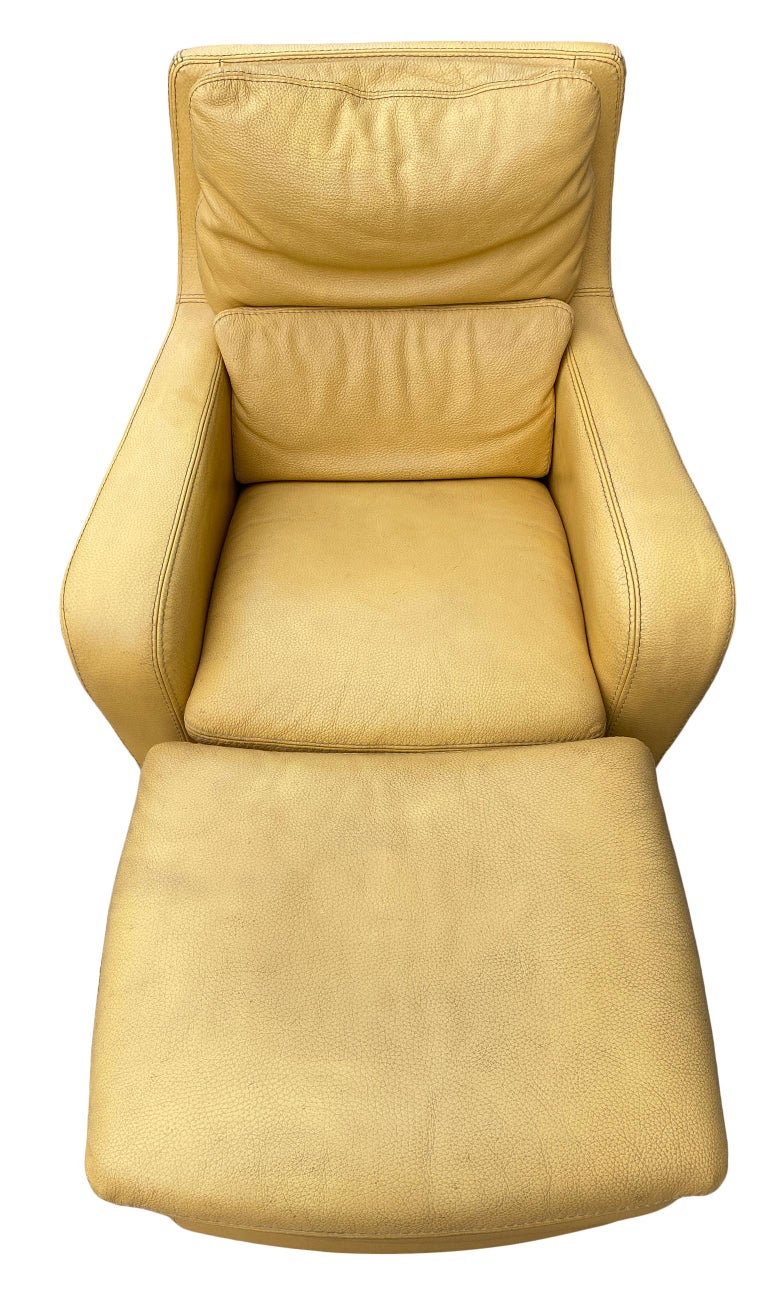 Modern Design Italian Yellow Leather Lounge Chair with Ottoman by Roche