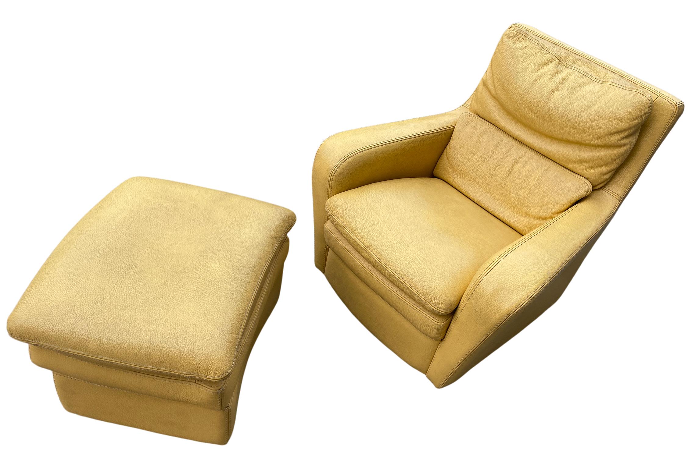 Mid-Century Modern Modern Design Italian Yellow Leather Lounge Chair with Ottoman by Roche Bobois