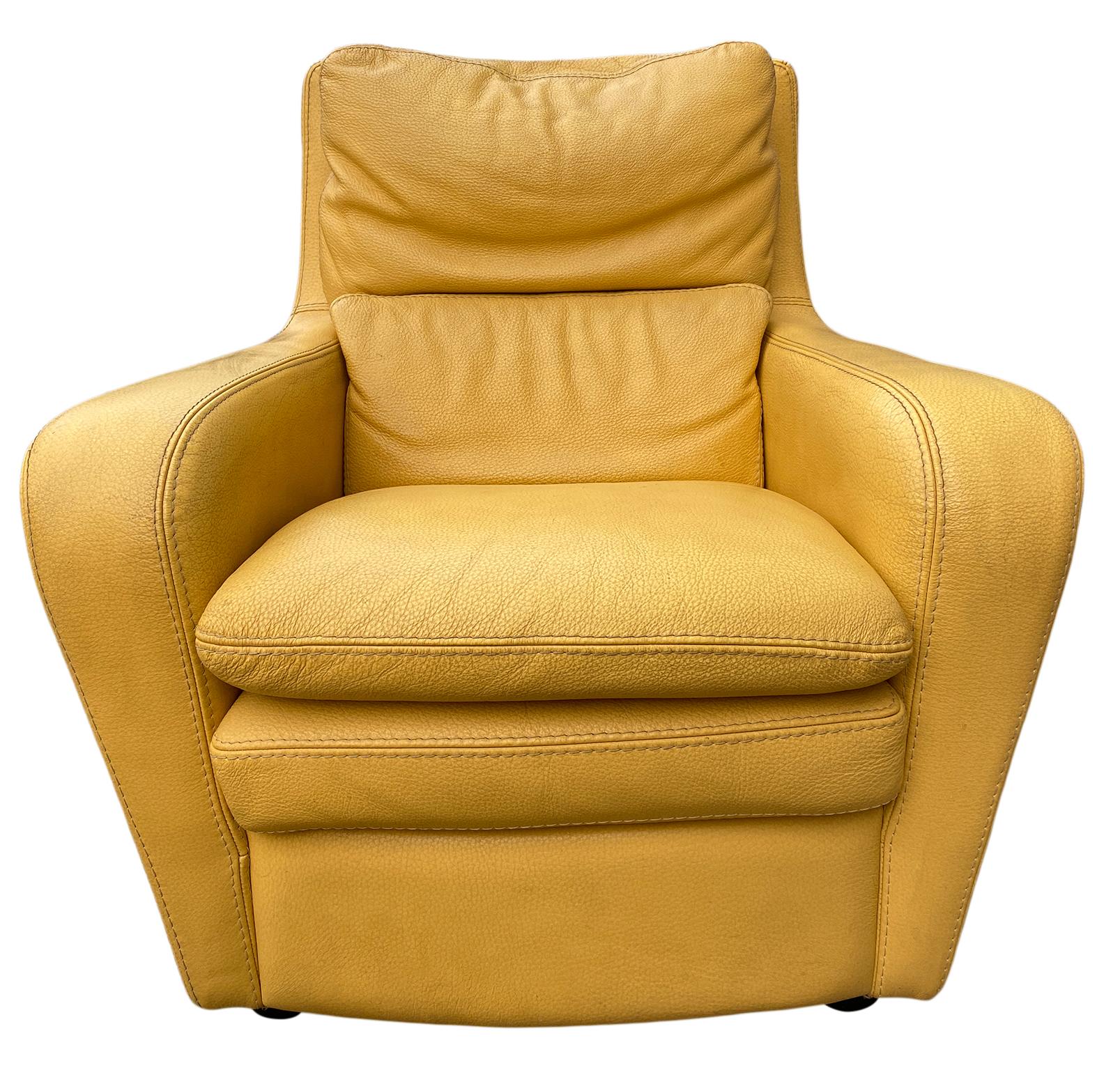 Modern Design Italian Yellow Leather Lounge Chair with Ottoman by Roche Bobois In Good Condition In BROOKLYN, NY