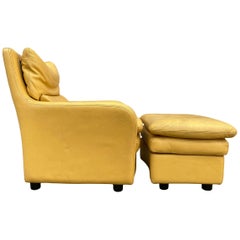 Modern Design Italian Yellow Leather Lounge Chair with Ottoman by Roche Bobois