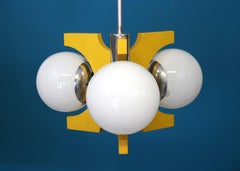 Modern design lamp in yellow painted wood, chrome and opal glass balls, 1970's