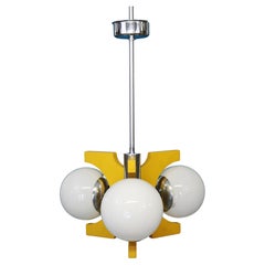 Modern design lamp in yellow painted wood, chrome and opal glass balls, 1970
s