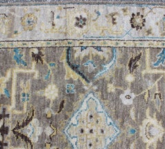 Modern Design Long Heriz Runner in Gray, Brown, Silver, Blue, Soft Yellow