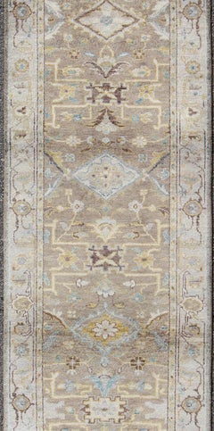 Modern Design Long Heriz Runner in Gray, Brown, Silver, Blue, Soft Yellow