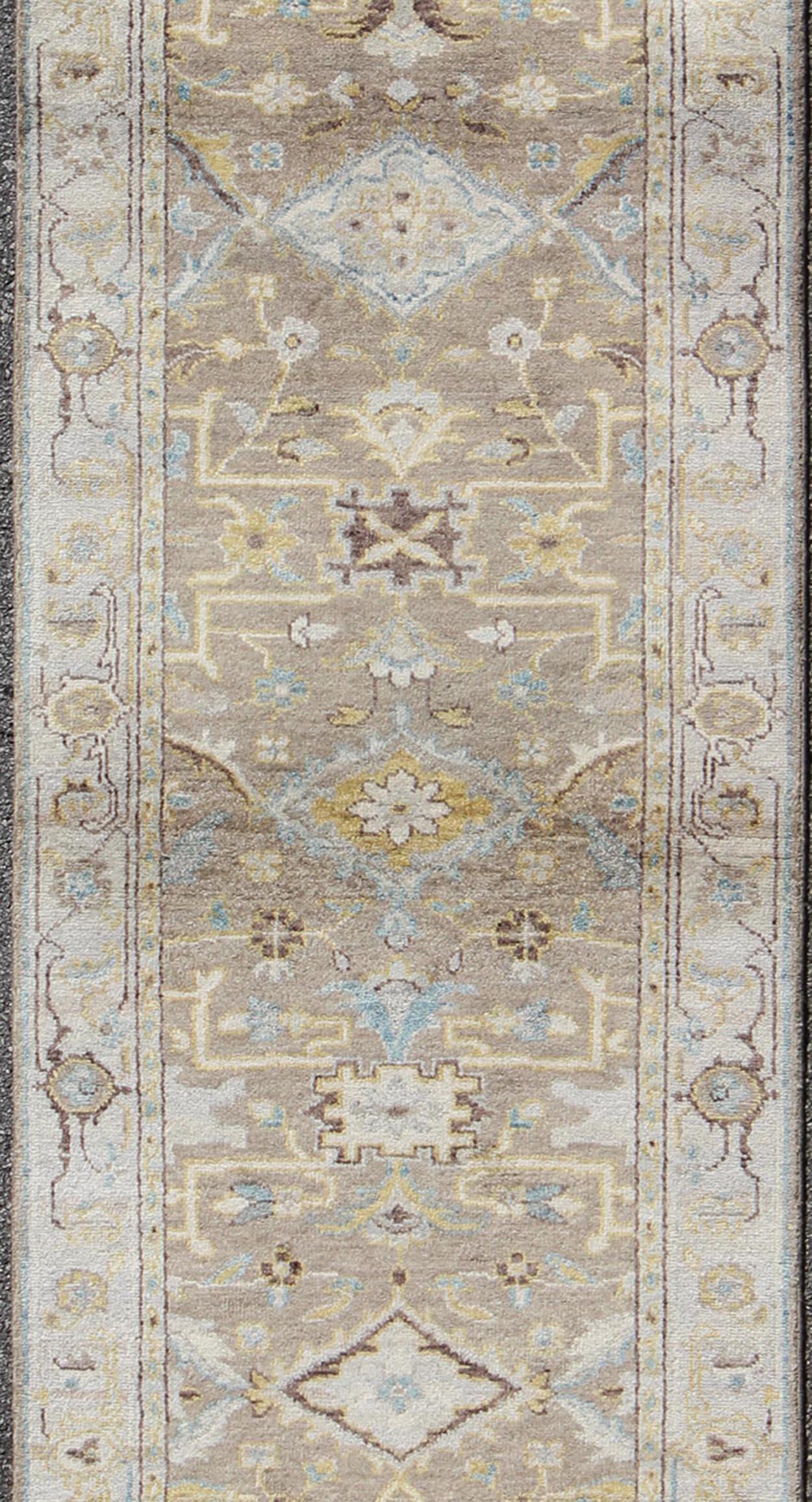 Indian Modern Design Long Heriz Runner in Gray, Brown, Silver, Blue, Soft Yellow For Sale