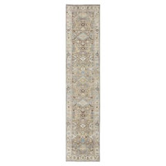 Modern Design Long Heriz Runner in Gray, Brown, Silver, Blue, Soft Yellow