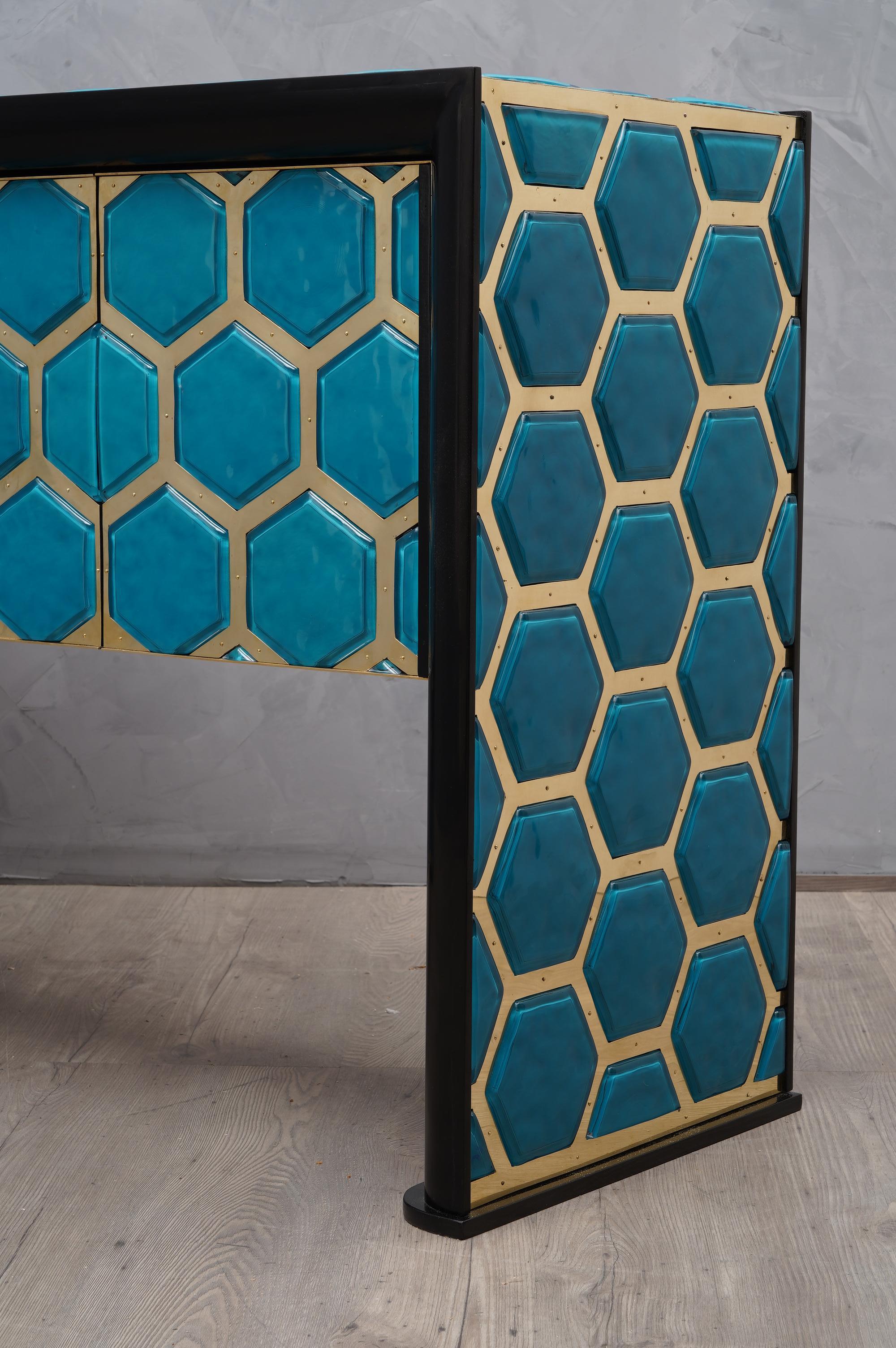 Italian Modern Design Murano Blu Glass and Brass Sideboard, 2019