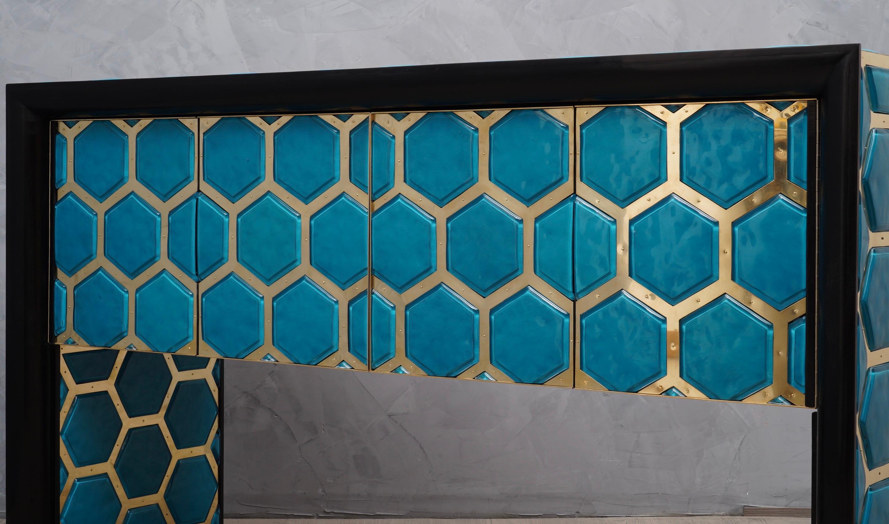 Contemporary Modern Design Murano Blu Glass and Brass Sideboard, 2019