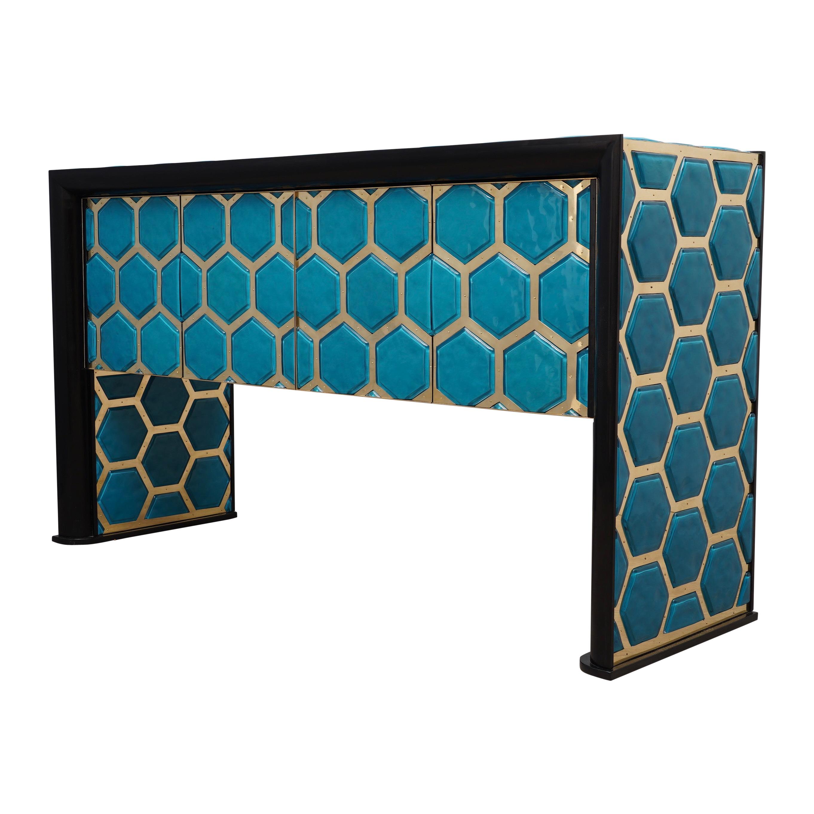 Modern Design Murano Blu Glass and Brass Sideboard, 2019
