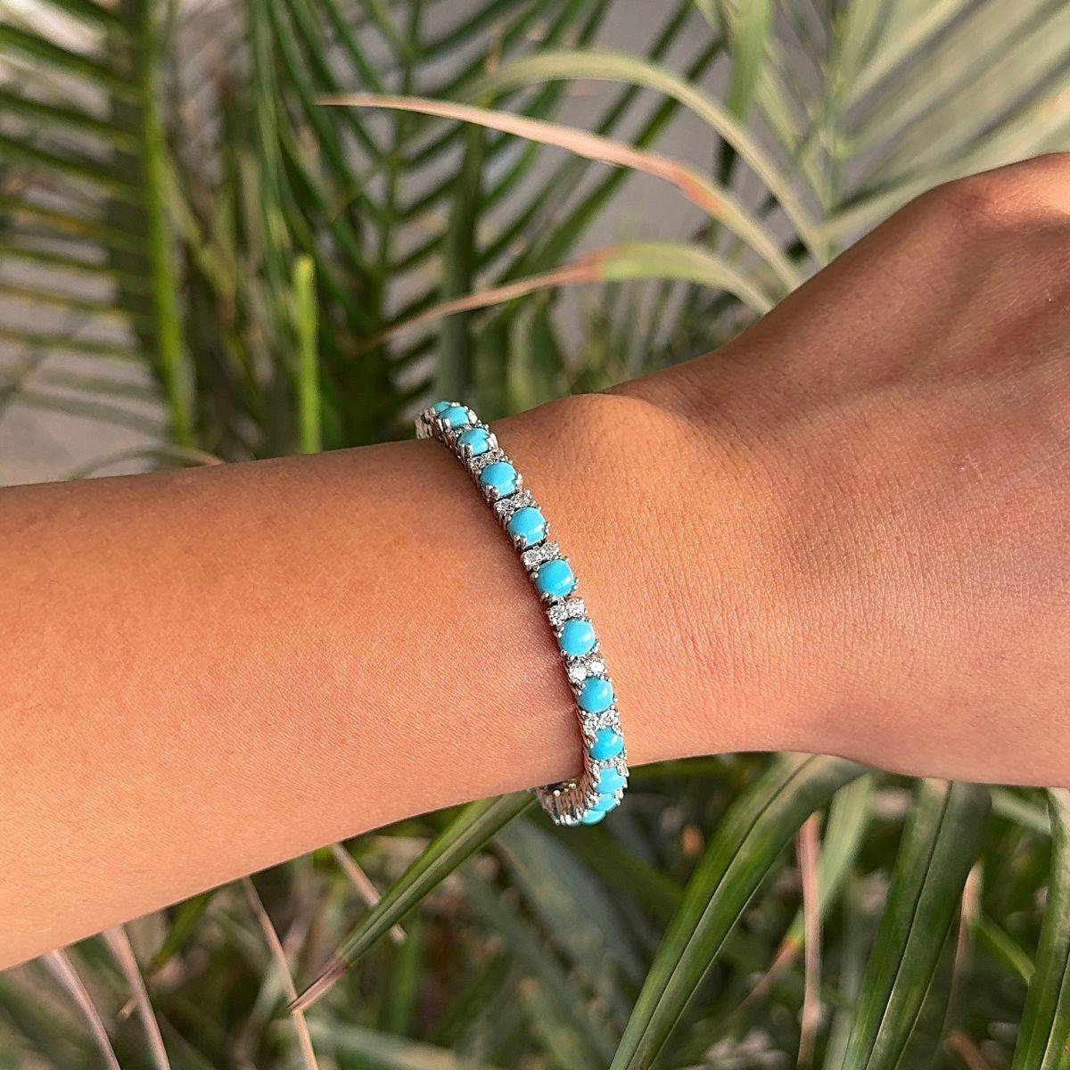 Modern Design Natural Turquoise and Zirconia Silver Tennis Bracelet. You shall need statement tennis bracelet to make a statement with your look. Each piece features dazzling cubic zirconia stones, renowned for their brilliance and clarity, set in