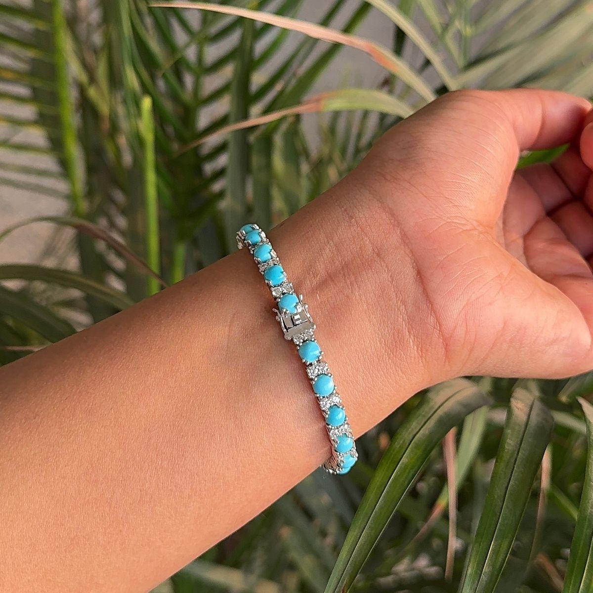 Round Cut Modern Design Natural Turquoise and Zirconia Silver Tennis Bracelet Gift for Her For Sale