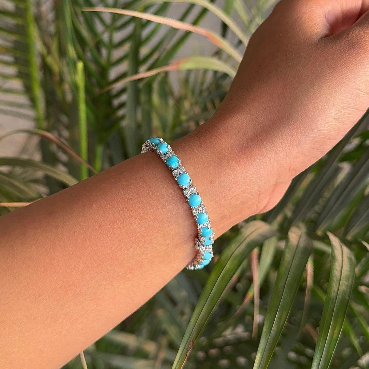 Women's Modern Design Natural Turquoise and Zirconia Silver Tennis Bracelet Gift for Her For Sale